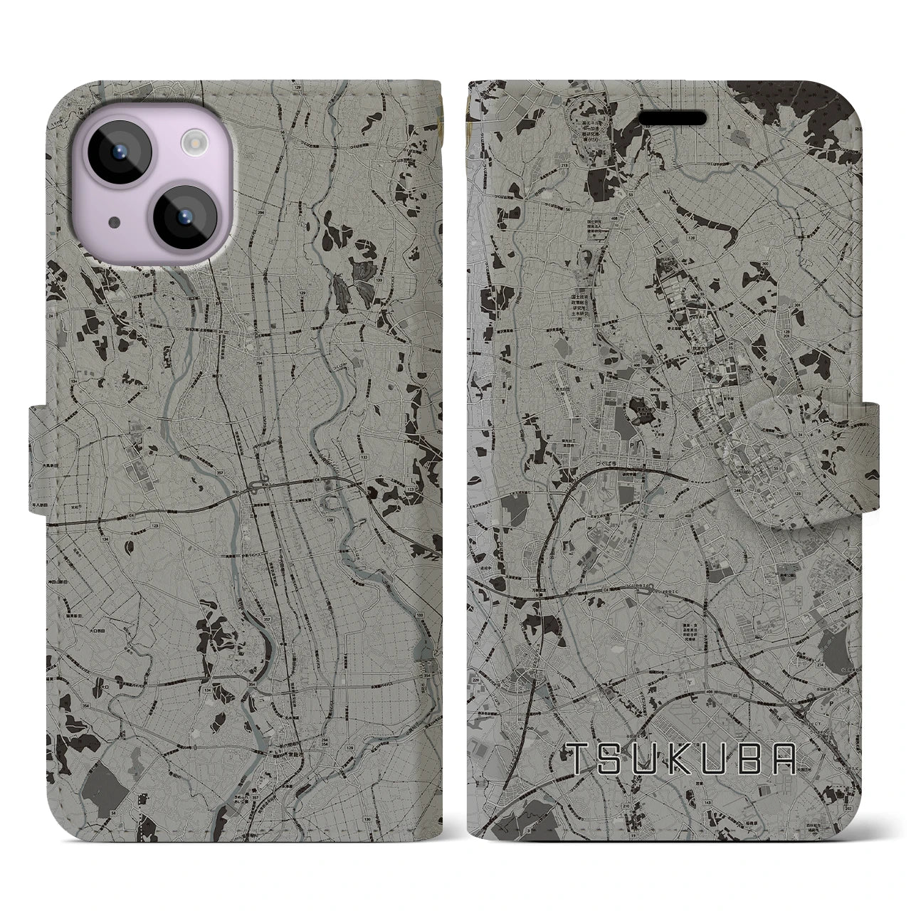【つくば(茨城県)】地図柄iPhoneケース(手帳タイプ)モノトーン・iPhone 14 用