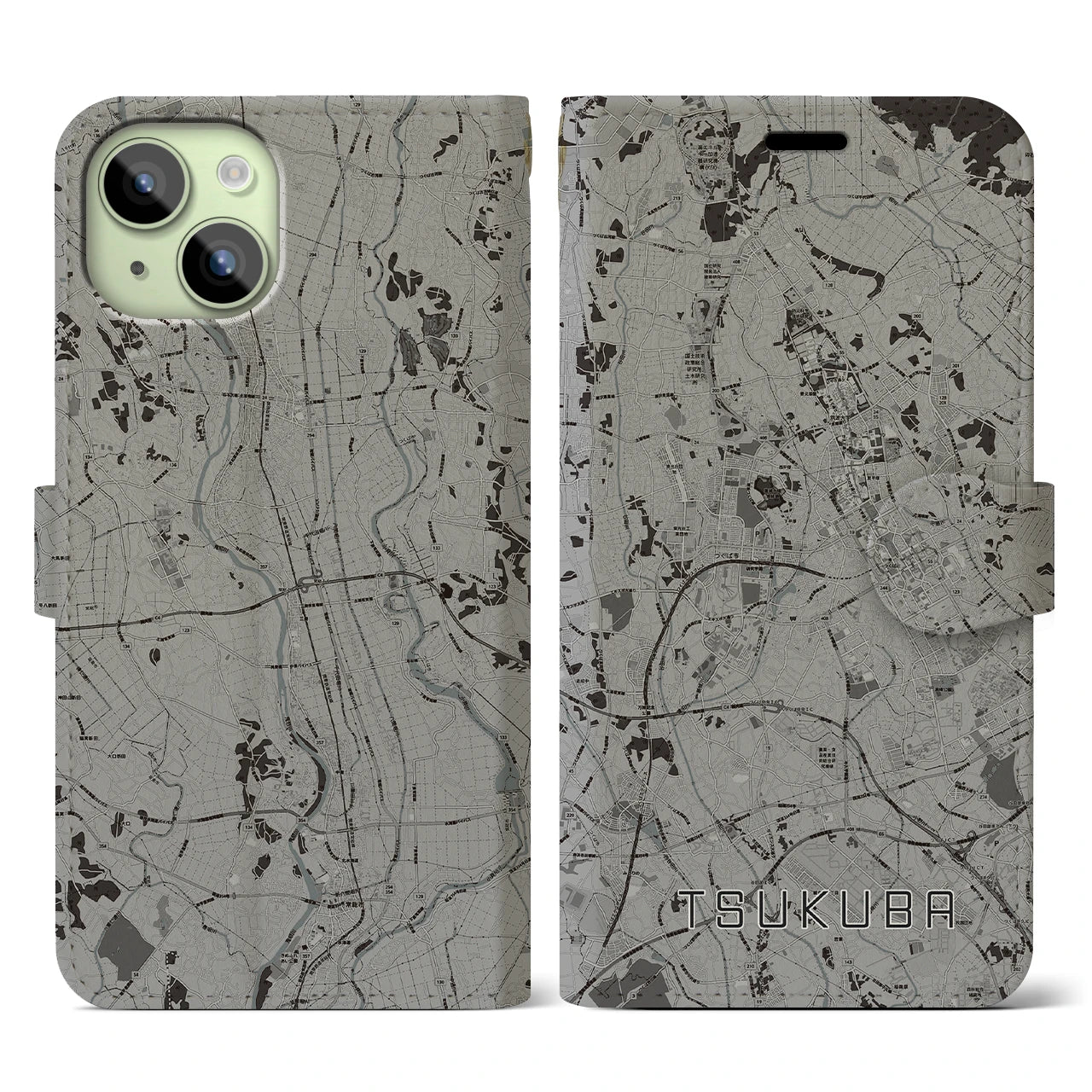 【つくば(茨城県)】地図柄iPhoneケース(手帳タイプ)モノトーン・iPhone 15 用