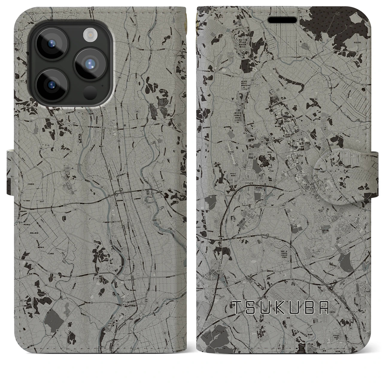 【つくば(茨城県)】地図柄iPhoneケース(手帳タイプ)モノトーン・iPhone 15 Pro Max 用
