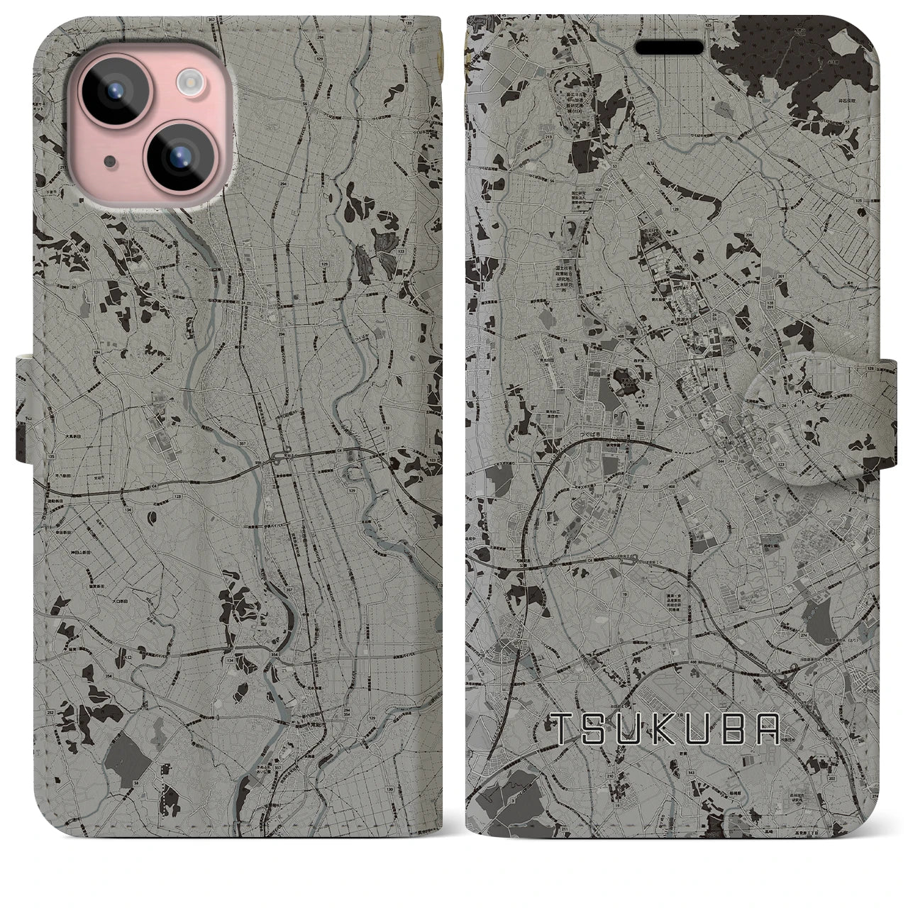 【つくば(茨城県)】地図柄iPhoneケース(手帳タイプ)モノトーン・iPhone 15 Plus 用