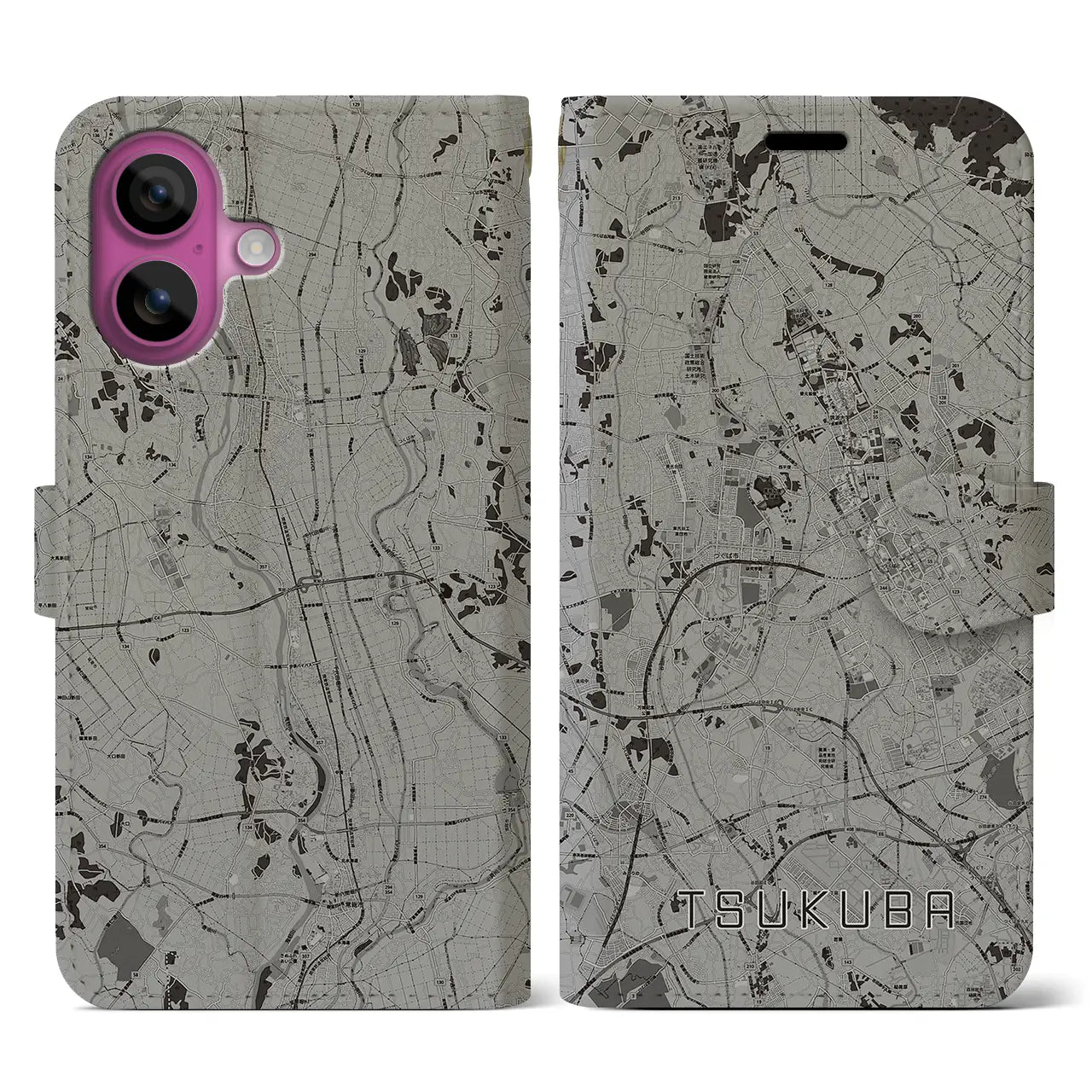 【つくば(茨城県)】地図柄iPhoneケース(手帳タイプ)モノトーン・iPhone 16 Pro 用