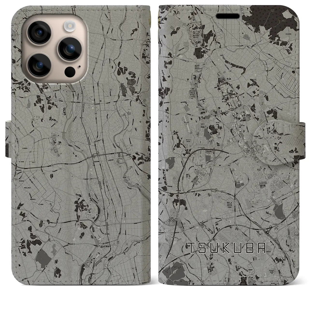 【つくば(茨城県)】地図柄iPhoneケース(手帳タイプ)モノトーン・iPhone 16 Plus 用