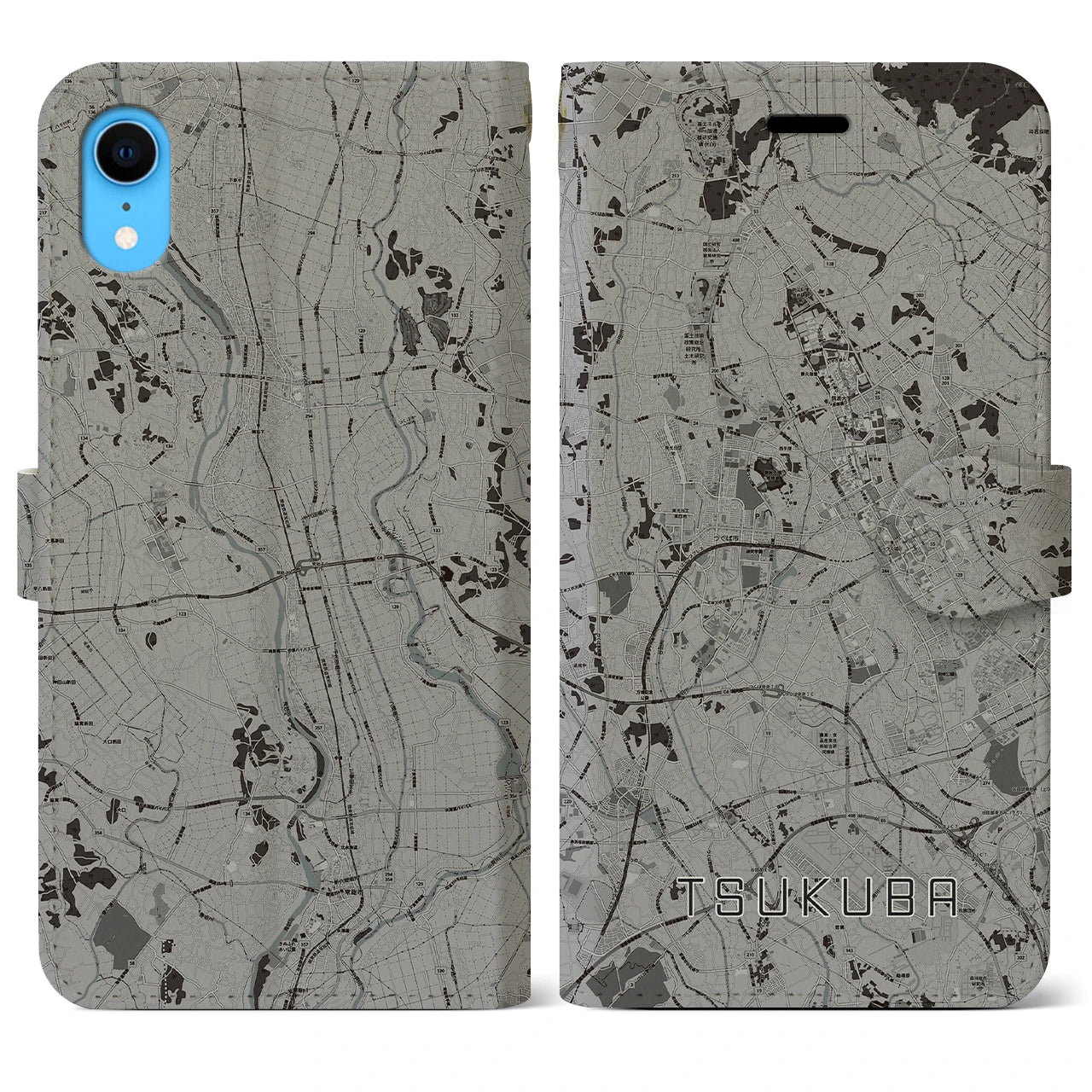 【つくば(茨城県)】地図柄iPhoneケース(手帳タイプ)モノトーン・iPhone XR 用