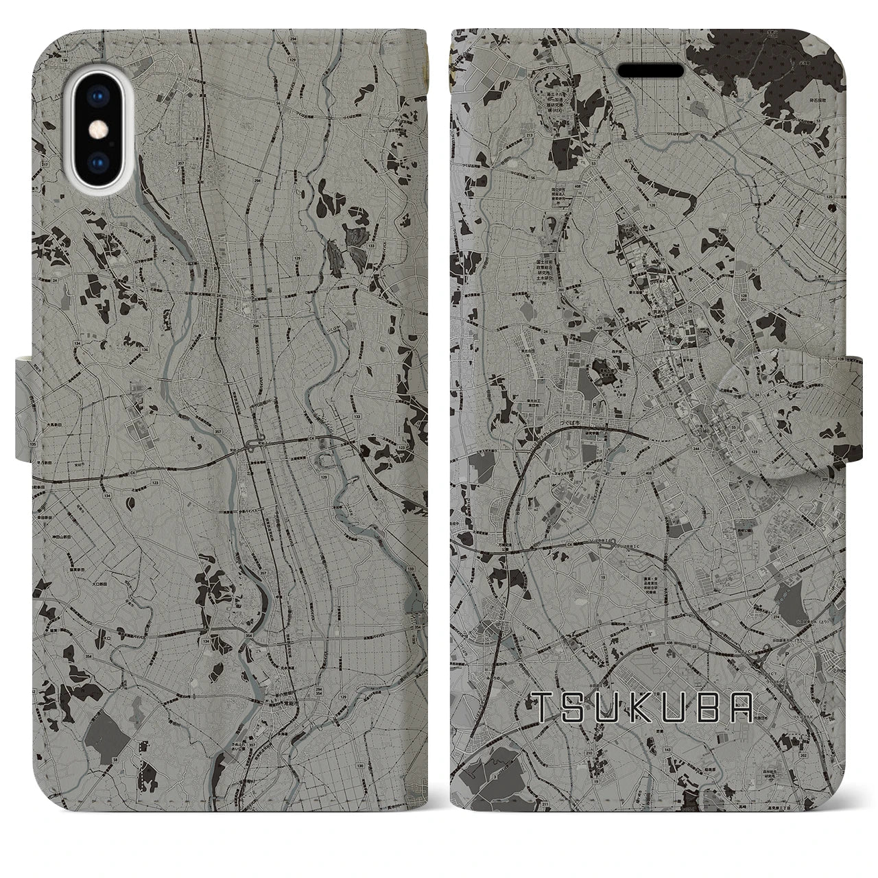 【つくば(茨城県)】地図柄iPhoneケース(手帳タイプ)モノトーン・iPhone XS Max 用