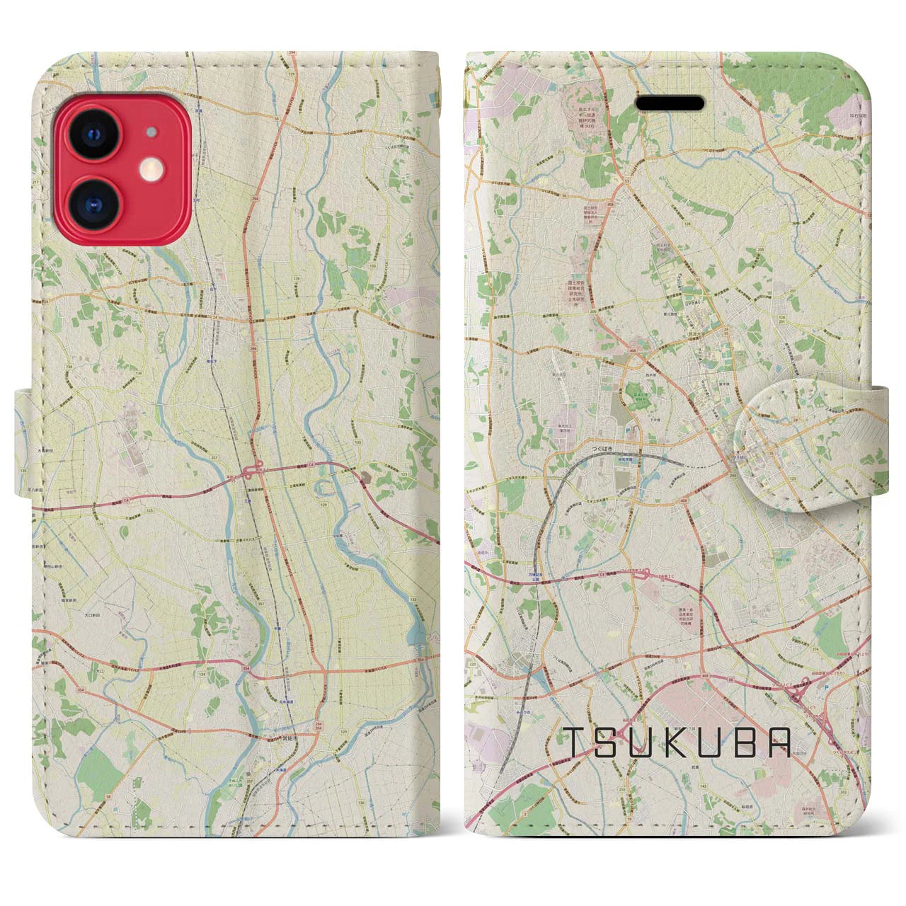 【つくば(茨城県)】地図柄iPhoneケース(手帳タイプ)ナチュラル・iPhone 11 用