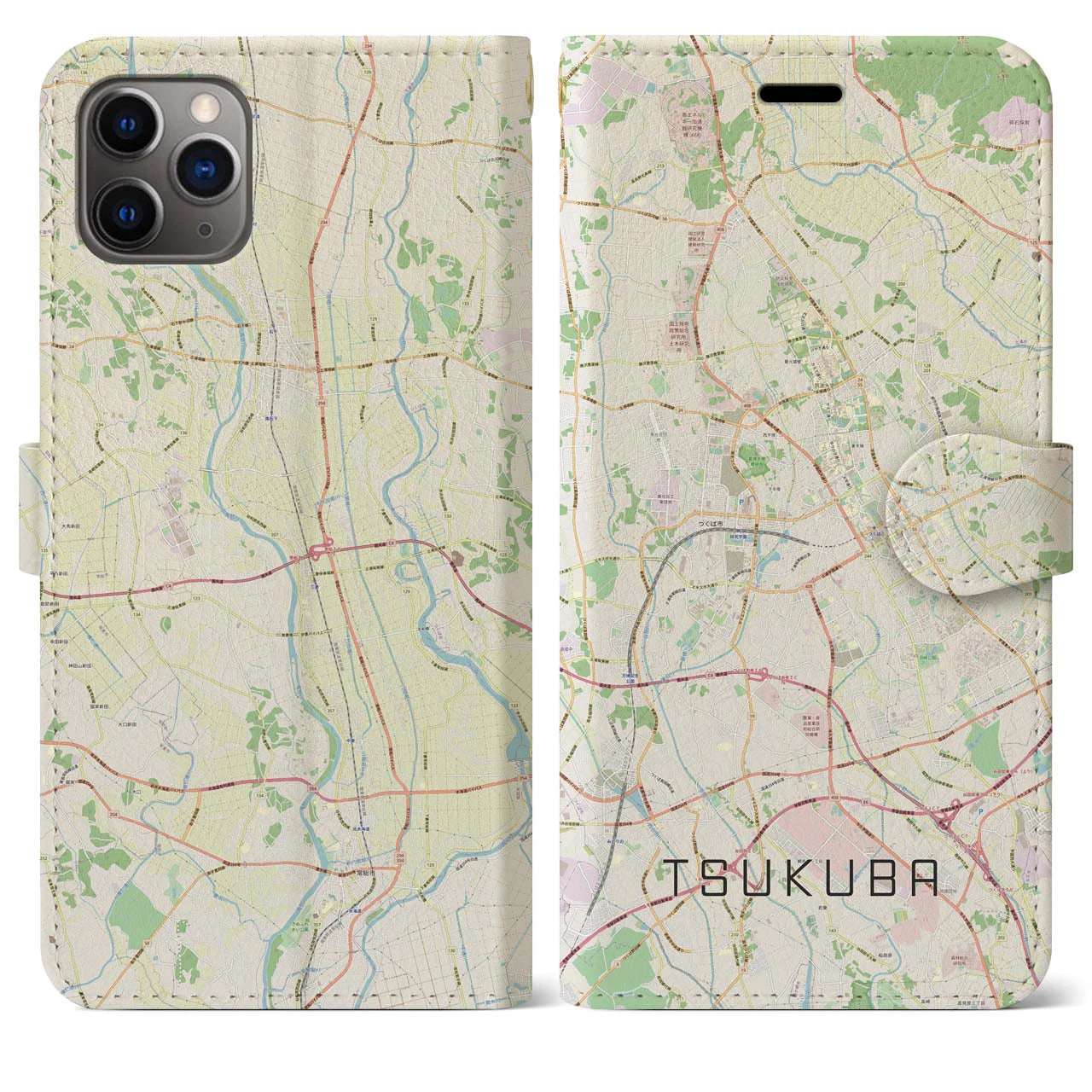 【つくば(茨城県)】地図柄iPhoneケース(手帳タイプ)ナチュラル・iPhone 11 Pro Max 用