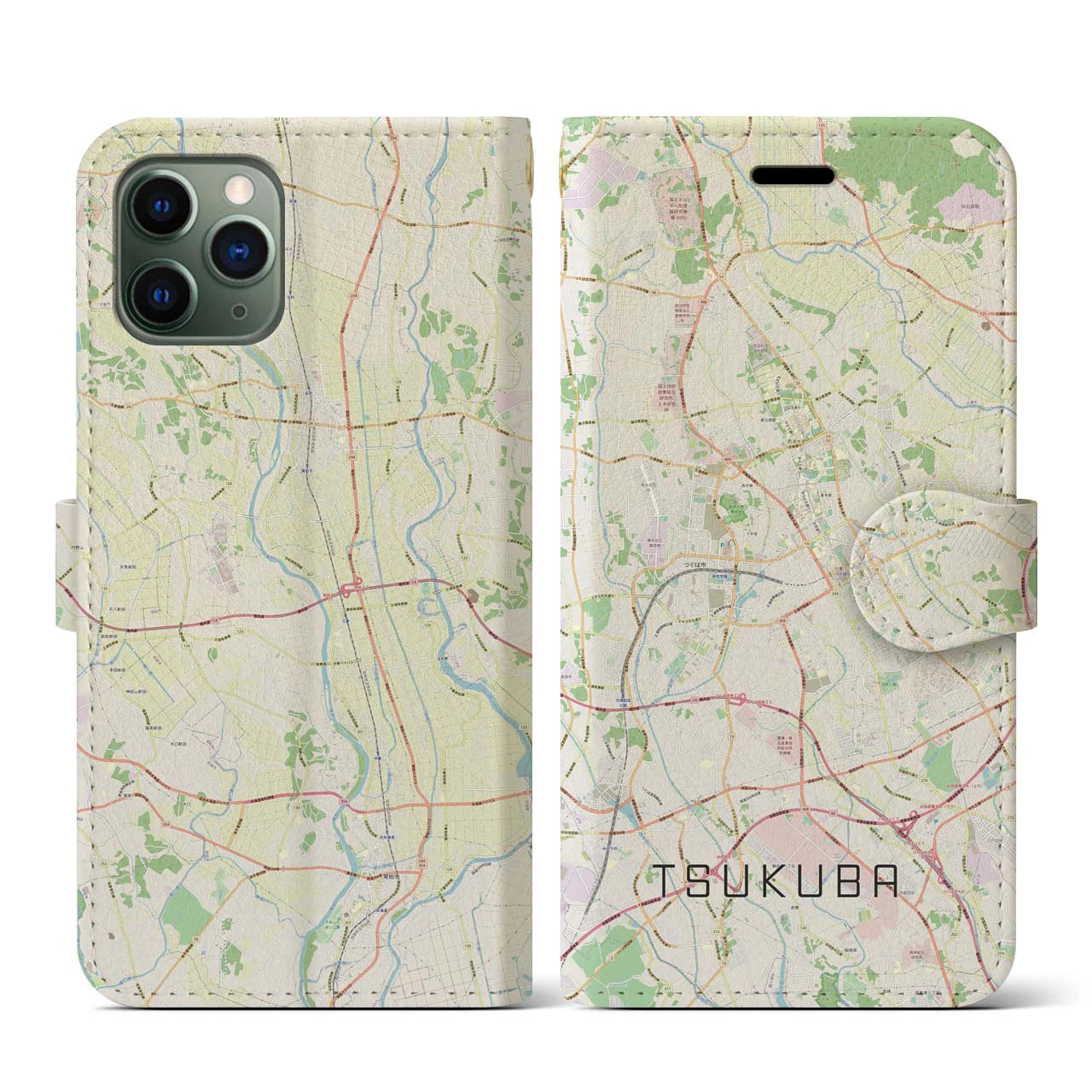 【つくば(茨城県)】地図柄iPhoneケース(手帳タイプ)ナチュラル・iPhone 11 Pro 用