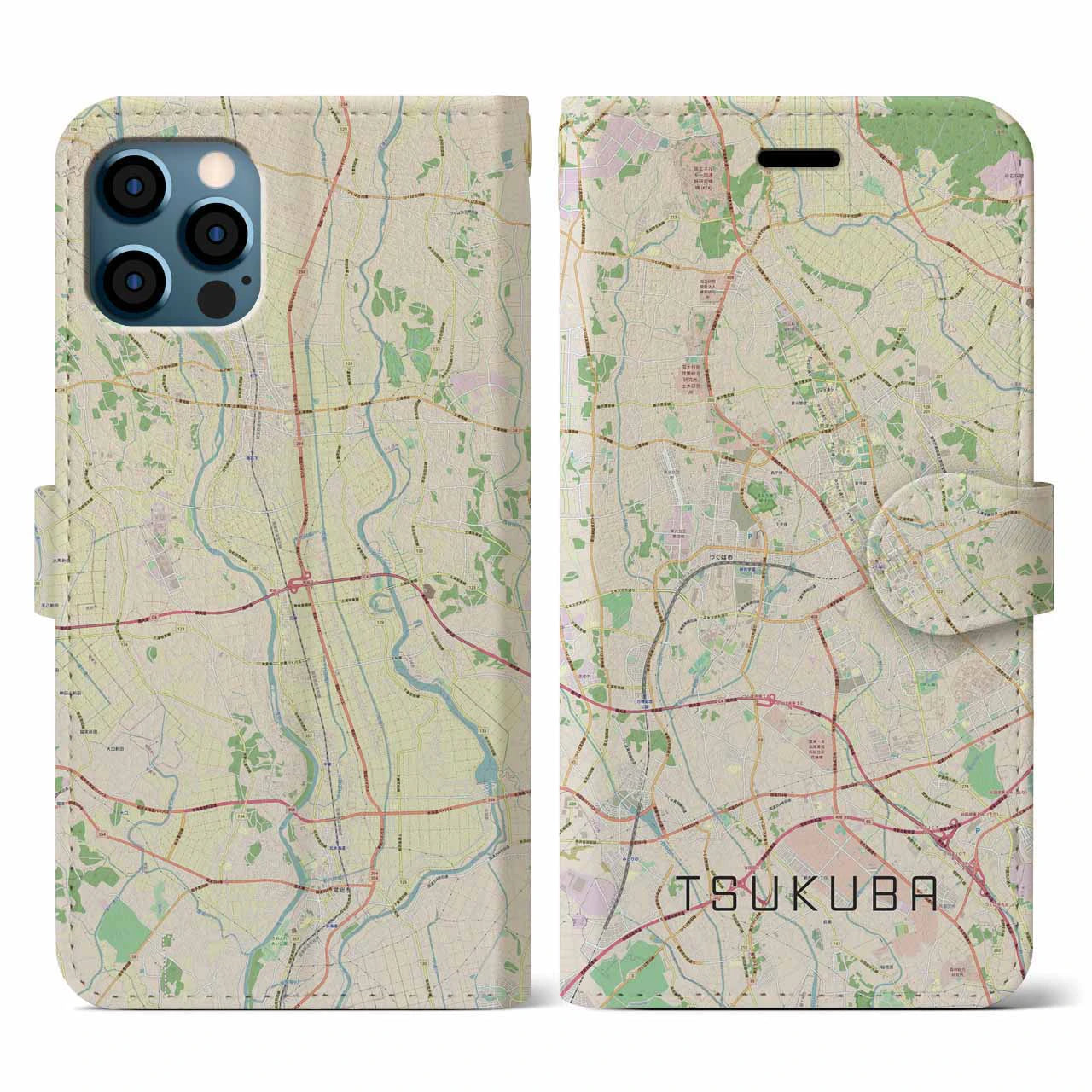 【つくば(茨城県)】地図柄iPhoneケース(手帳タイプ)ナチュラル・iPhone 12 / 12 Pro 用