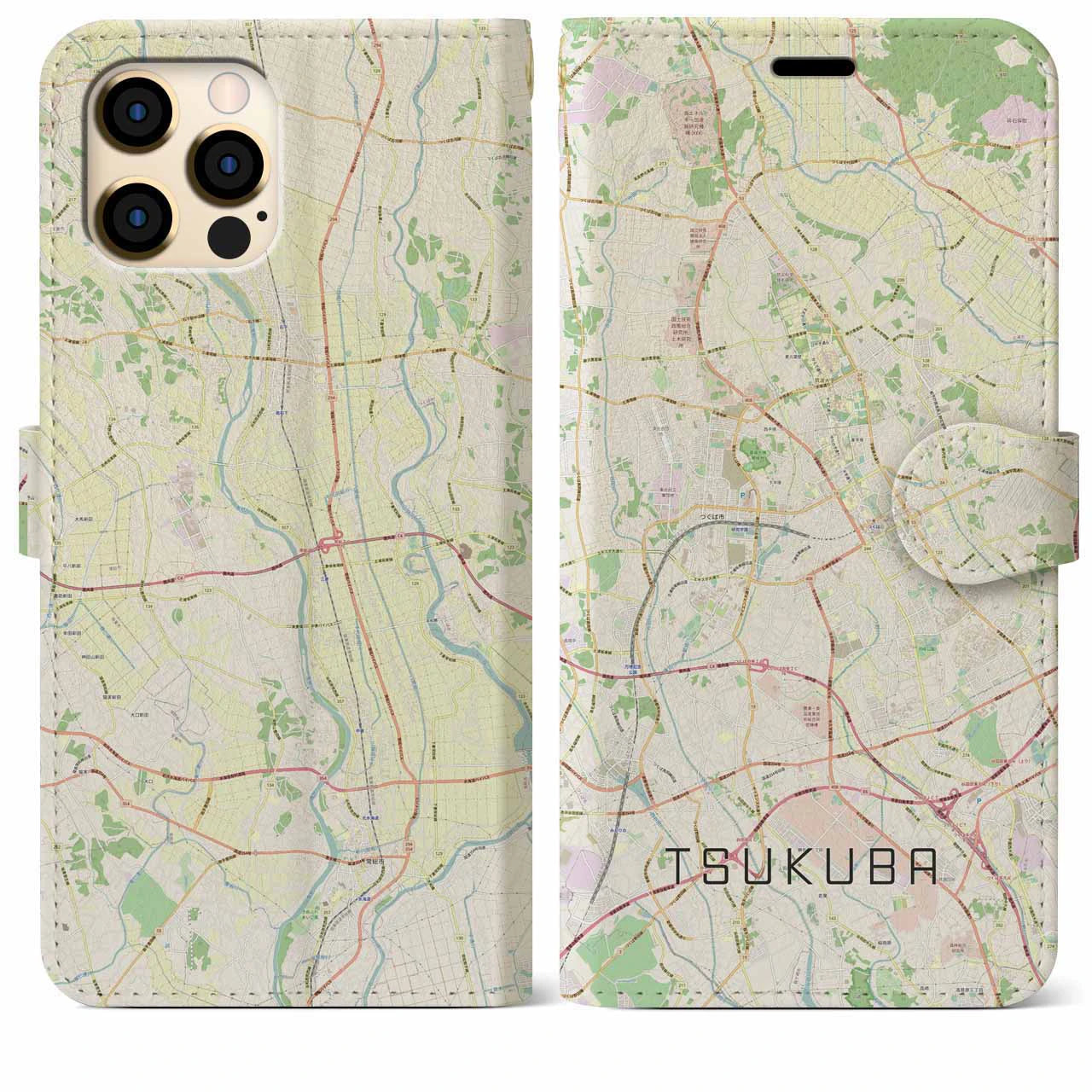 【つくば(茨城県)】地図柄iPhoneケース(手帳タイプ)ナチュラル・iPhone 12 Pro Max 用