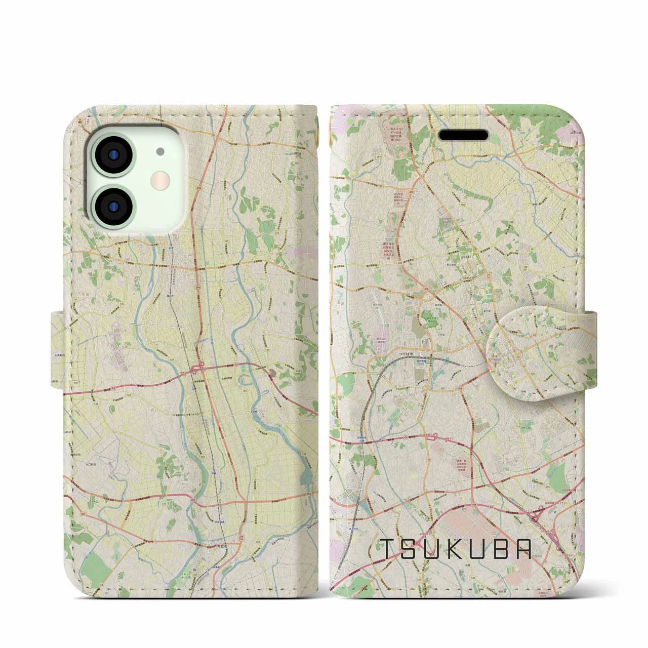 【つくば(茨城県)】地図柄iPhoneケース(手帳タイプ)ナチュラル・iPhone 12 mini 用