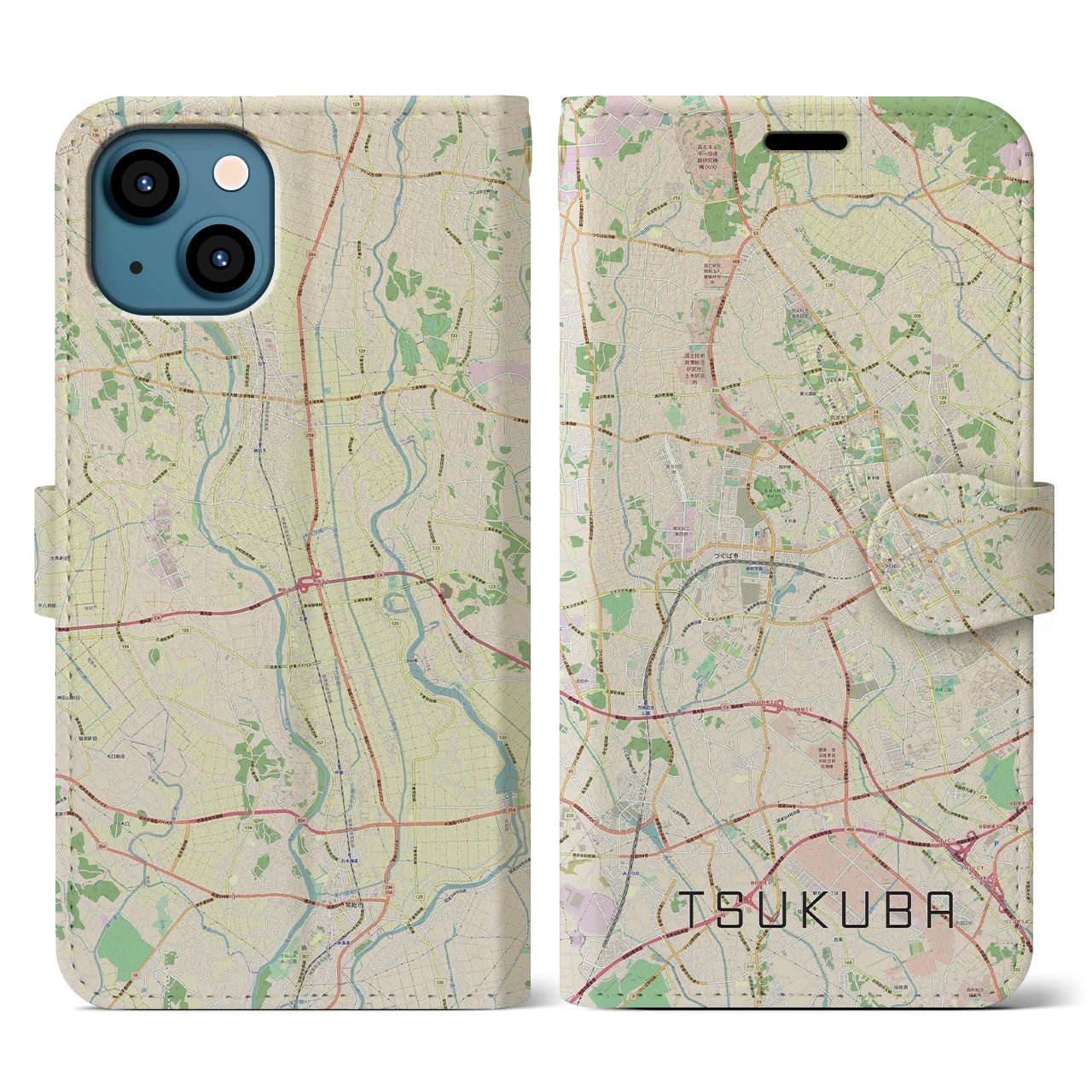 【つくば(茨城県)】地図柄iPhoneケース(手帳タイプ)ナチュラル・iPhone 13 用