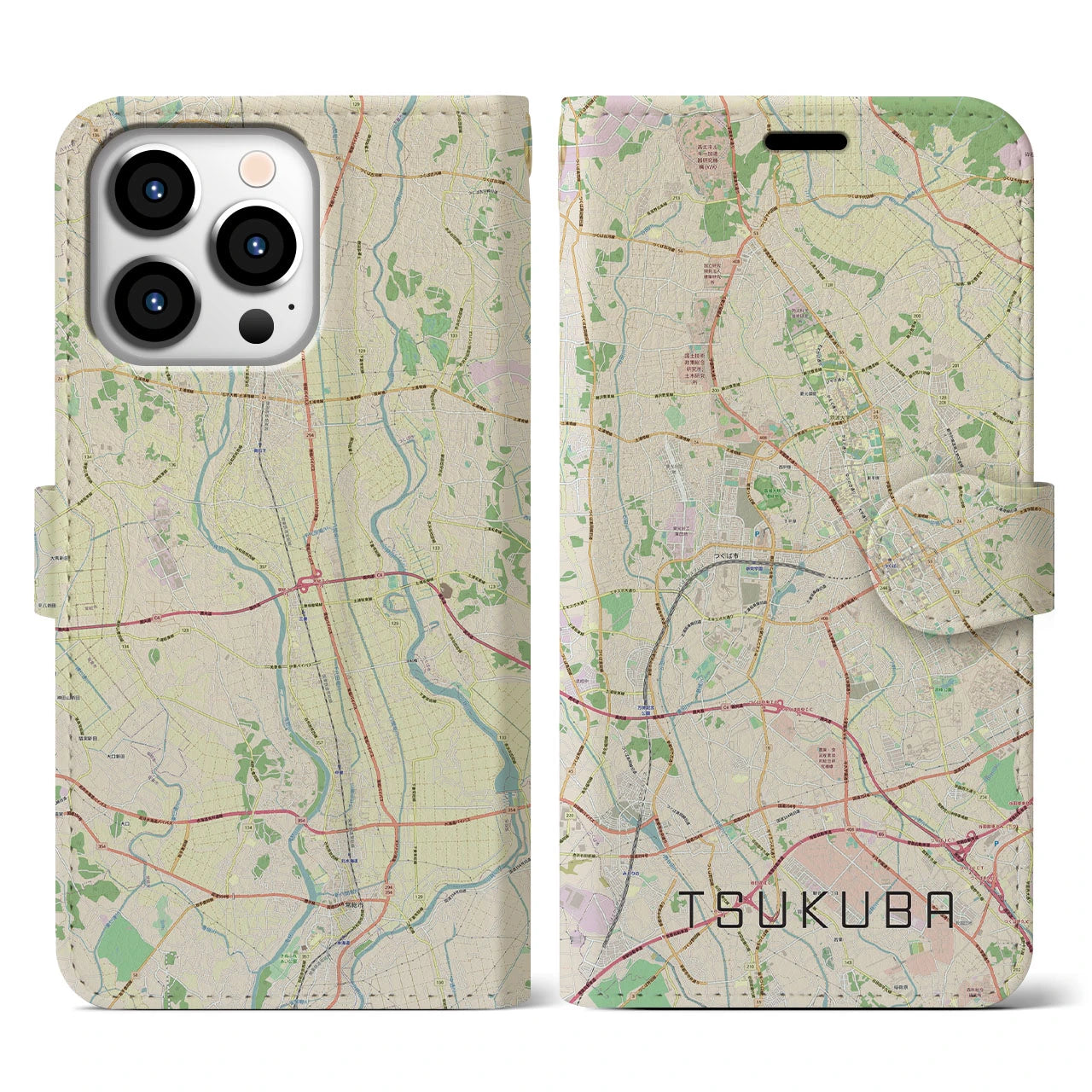 【つくば(茨城県)】地図柄iPhoneケース(手帳タイプ)ナチュラル・iPhone 13 Pro 用