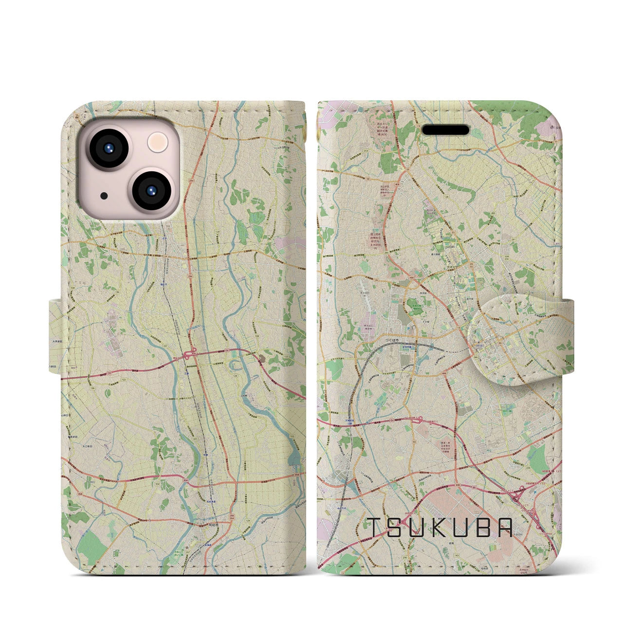 【つくば(茨城県)】地図柄iPhoneケース(手帳タイプ)ナチュラル・iPhone 13 mini 用