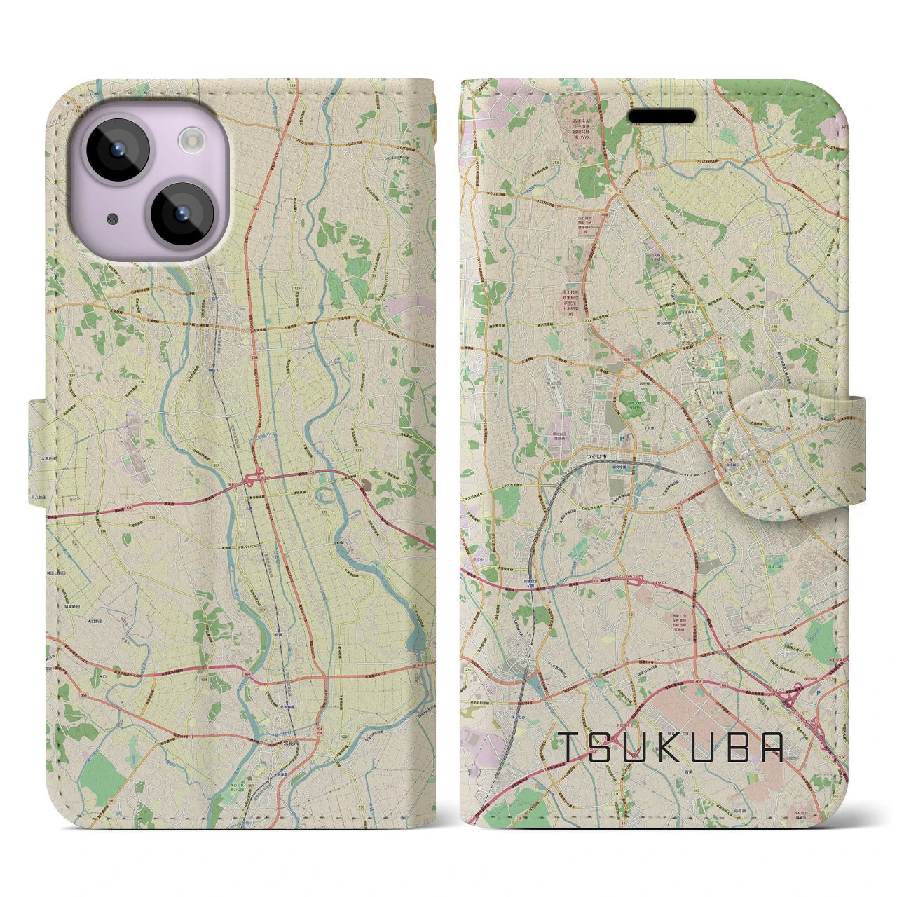 【つくば(茨城県)】地図柄iPhoneケース(手帳タイプ)ナチュラル・iPhone 14 用