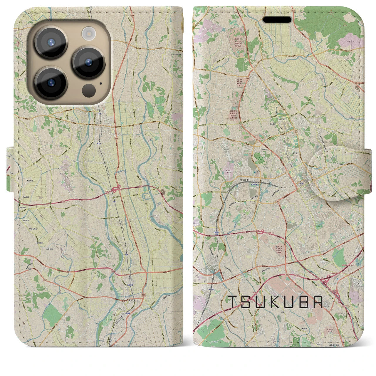 【つくば(茨城県)】地図柄iPhoneケース(手帳タイプ)ナチュラル・iPhone 14 Pro Max 用
