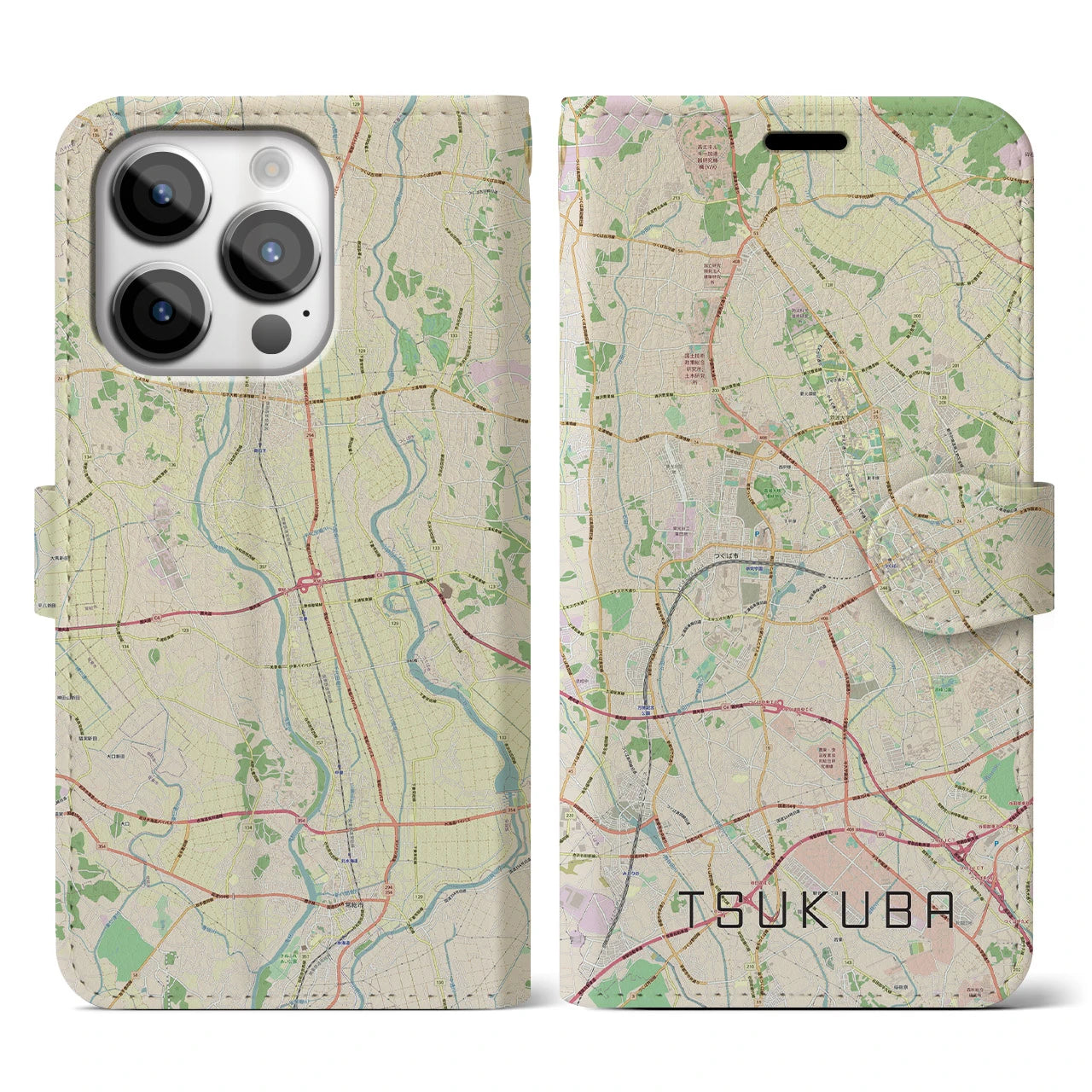【つくば(茨城県)】地図柄iPhoneケース(手帳タイプ)ナチュラル・iPhone 14 Pro 用