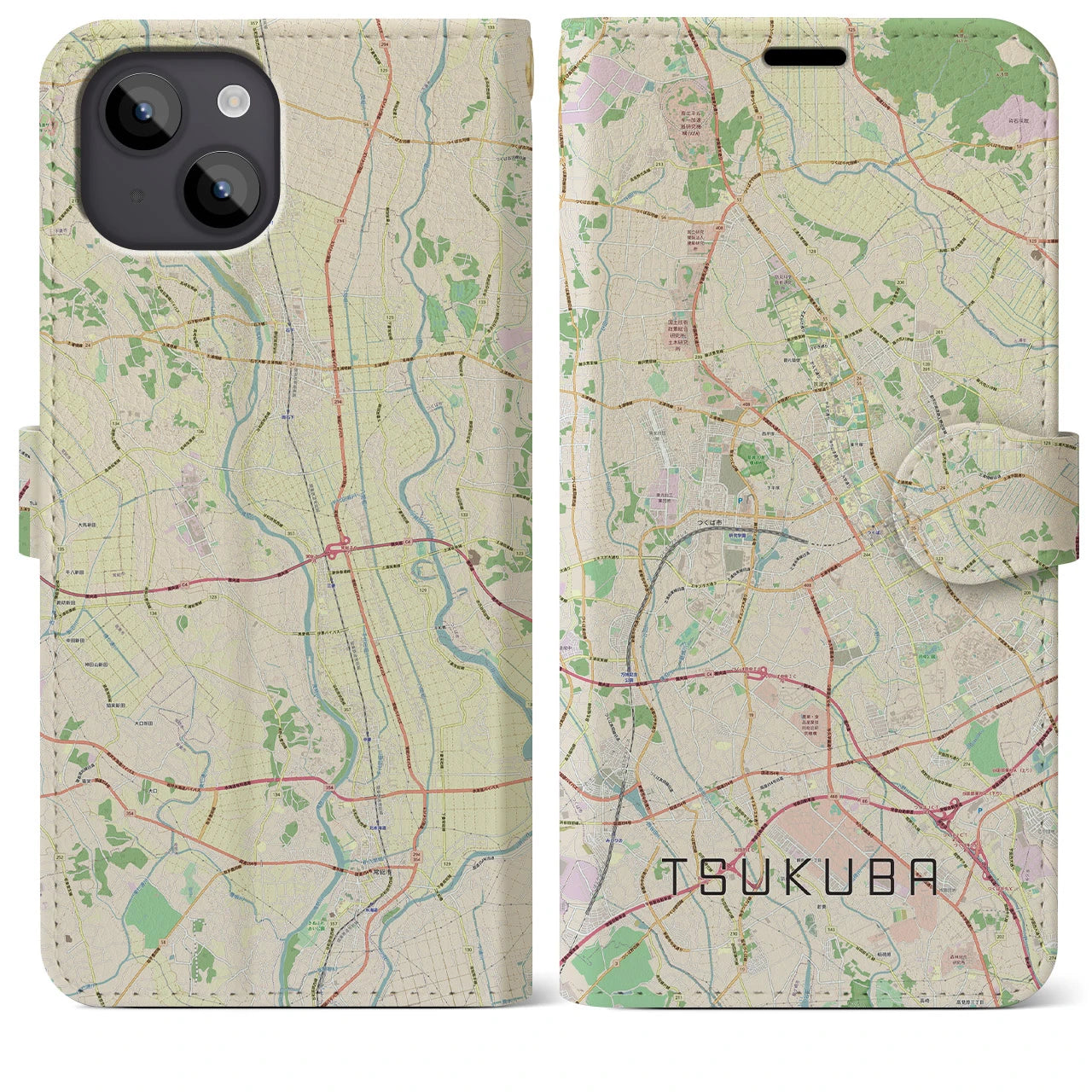 【つくば(茨城県)】地図柄iPhoneケース(手帳タイプ)ナチュラル・iPhone 14 Plus 用