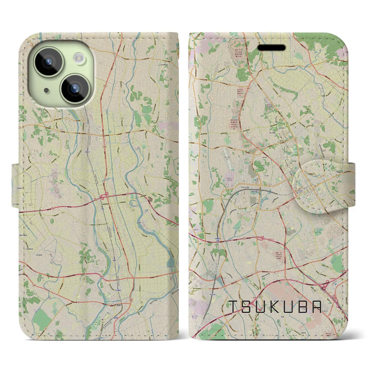 【つくば(茨城県)】地図柄iPhoneケース(手帳タイプ)ナチュラル・iPhone 15 用