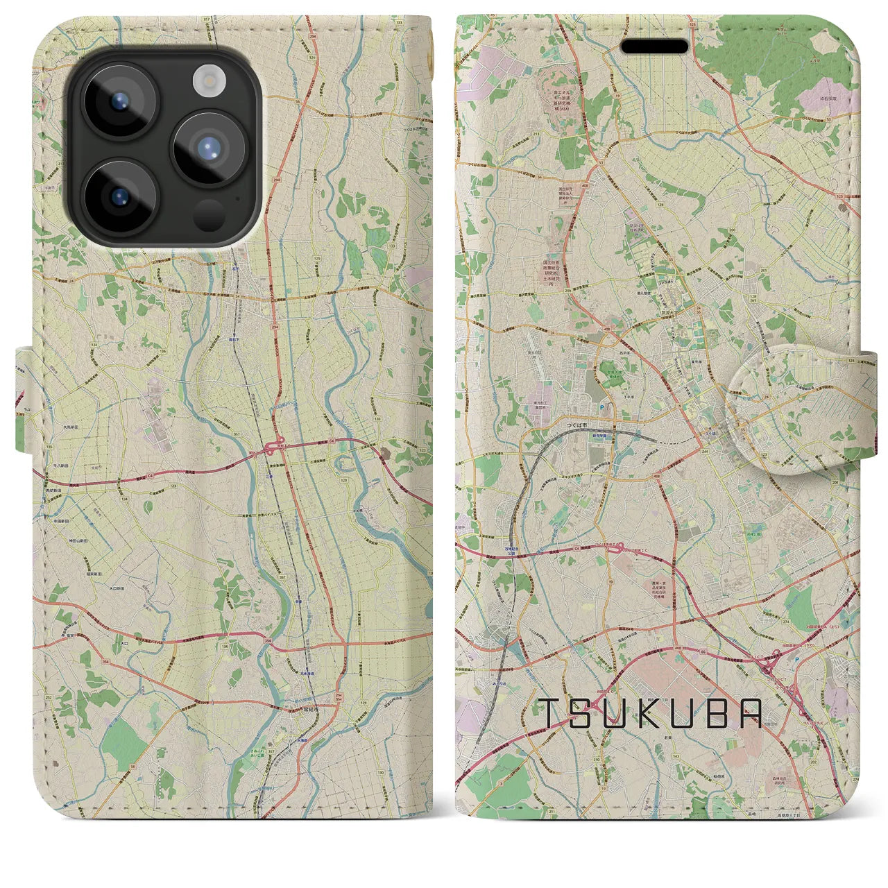 【つくば(茨城県)】地図柄iPhoneケース(手帳タイプ)ナチュラル・iPhone 15 Pro Max 用