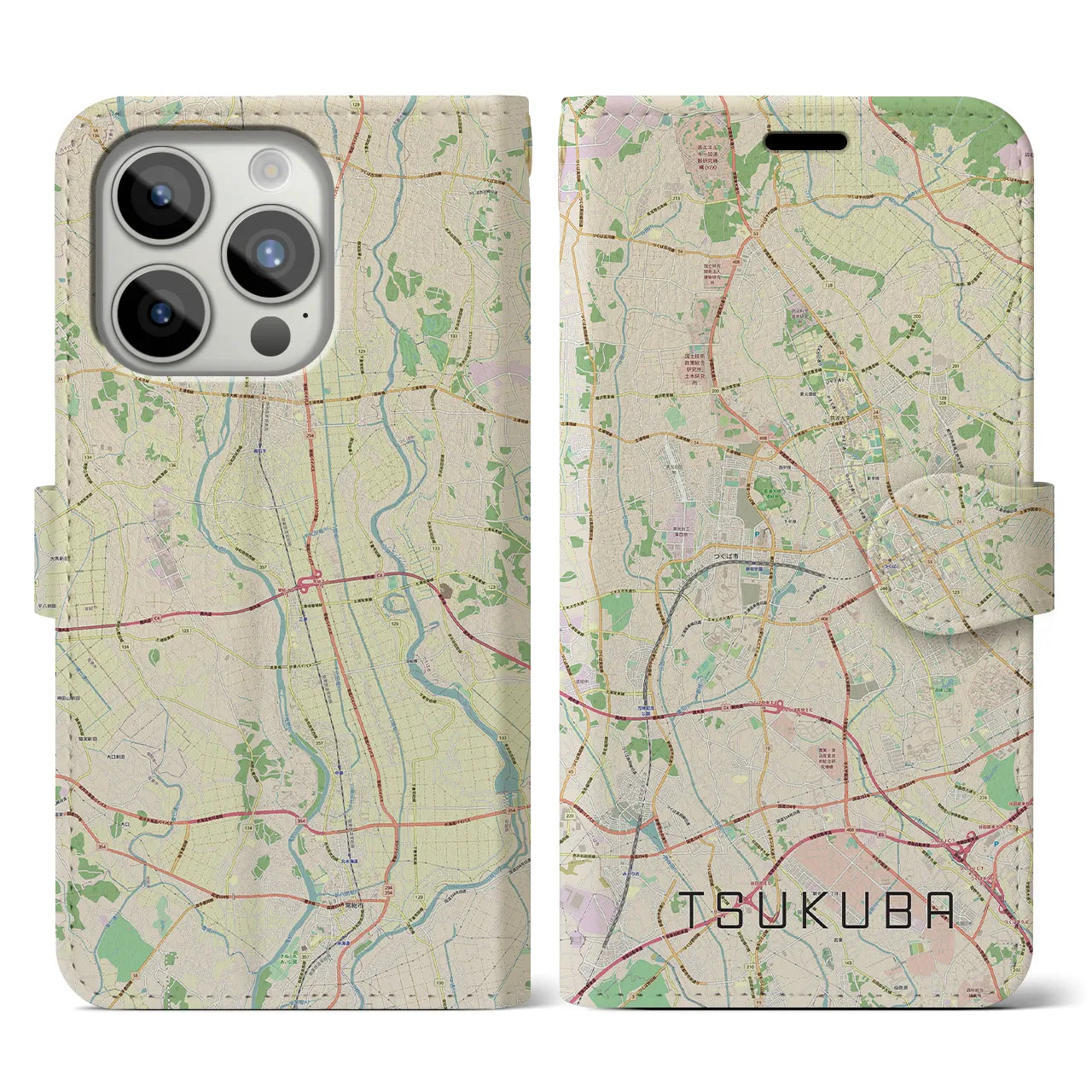 【つくば(茨城県)】地図柄iPhoneケース(手帳タイプ)ナチュラル・iPhone 15 Pro 用