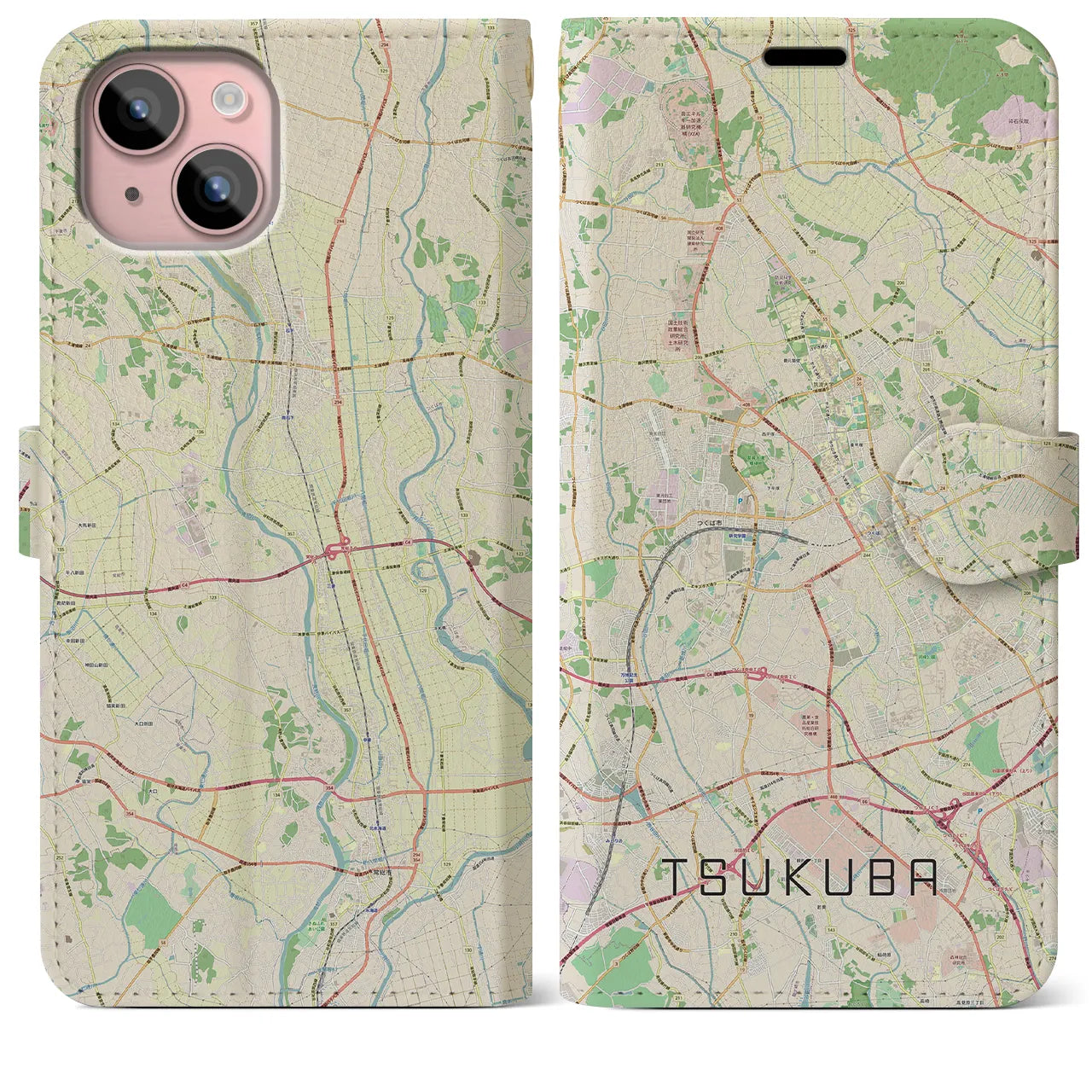 【つくば(茨城県)】地図柄iPhoneケース(手帳タイプ)ナチュラル・iPhone 15 Plus 用