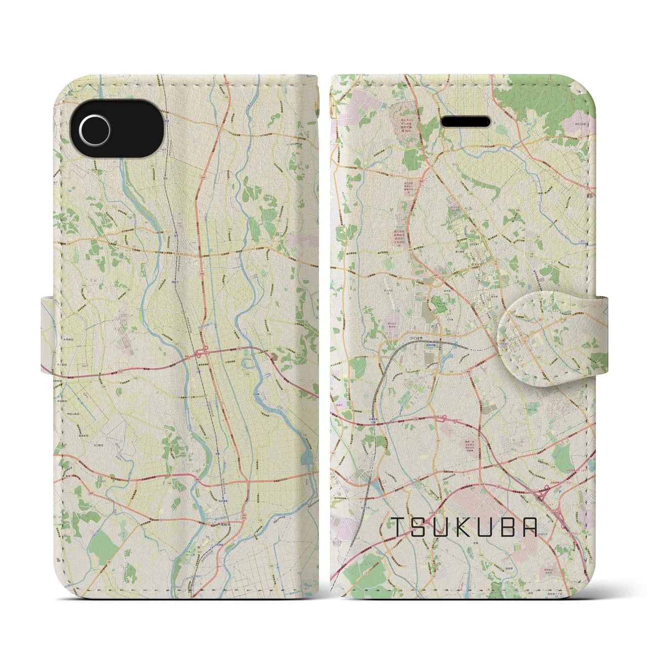 【つくば(茨城県)】地図柄iPhoneケース(手帳タイプ)ナチュラル・iPhone SE(第3 / 第2世代) / 8 / 7 / 6s / 6 用