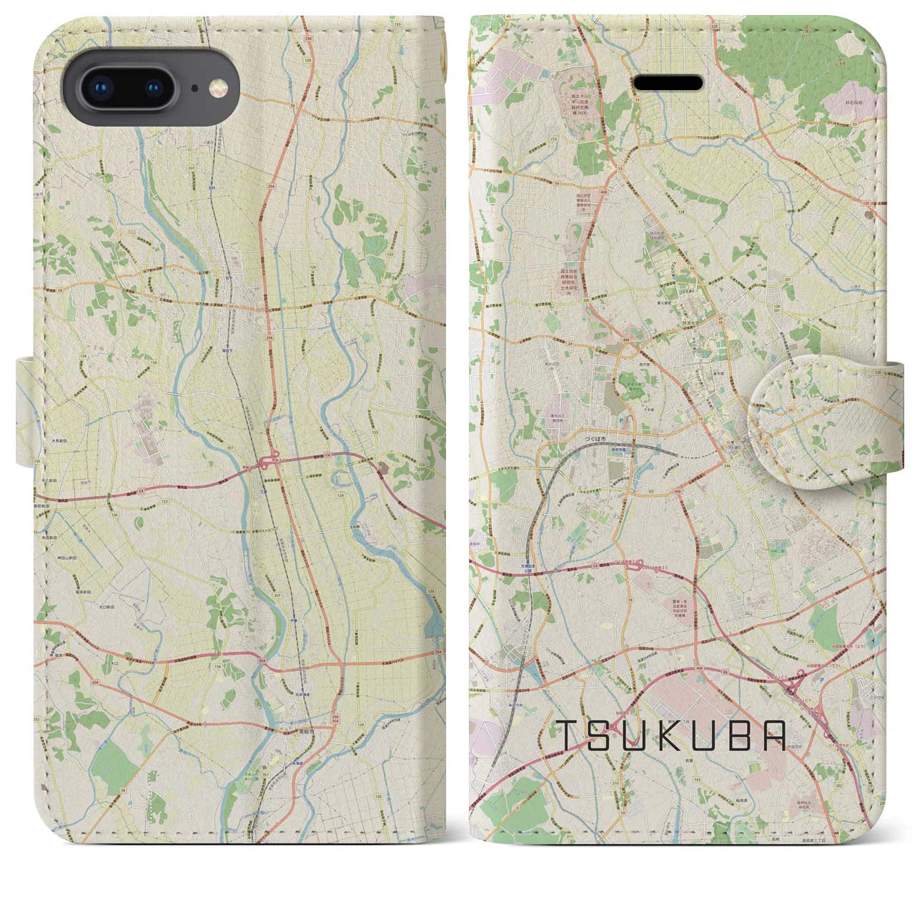 【つくば(茨城県)】地図柄iPhoneケース(手帳タイプ)ナチュラル・iPhone 8Plus /7Plus / 6sPlus / 6Plus 用