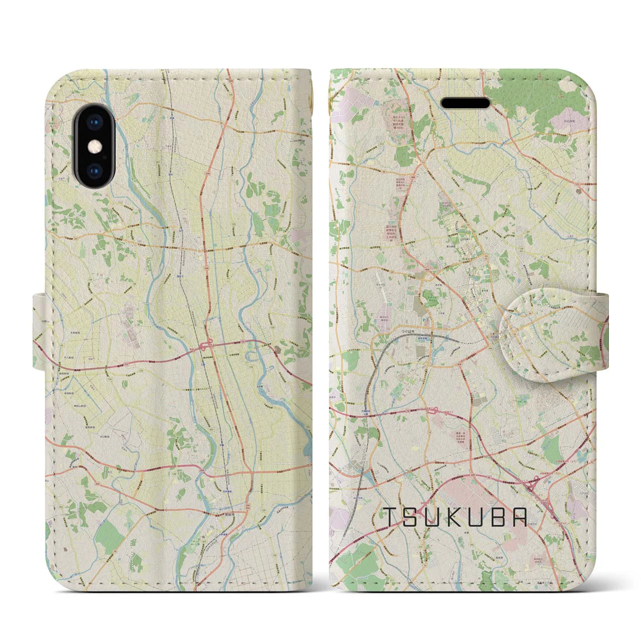 【つくば(茨城県)】地図柄iPhoneケース(手帳タイプ)ナチュラル・iPhone XS / X 用
