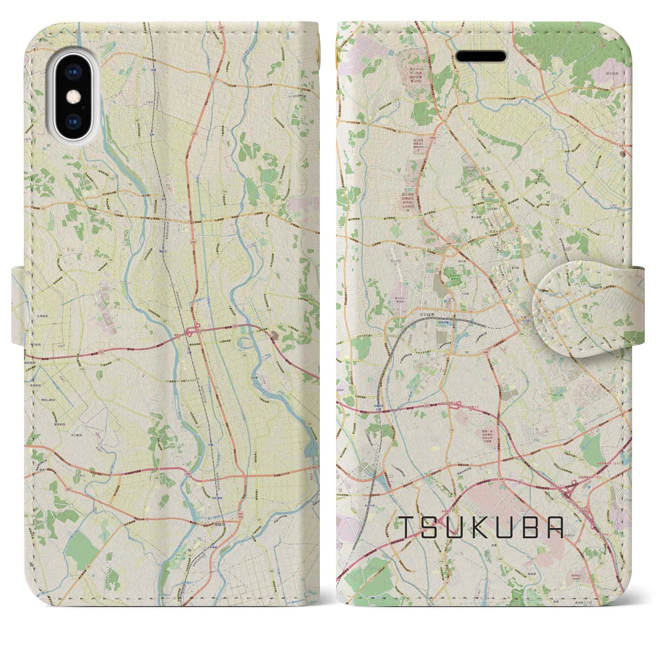 【つくば(茨城県)】地図柄iPhoneケース(手帳タイプ)ナチュラル・iPhone XS Max 用