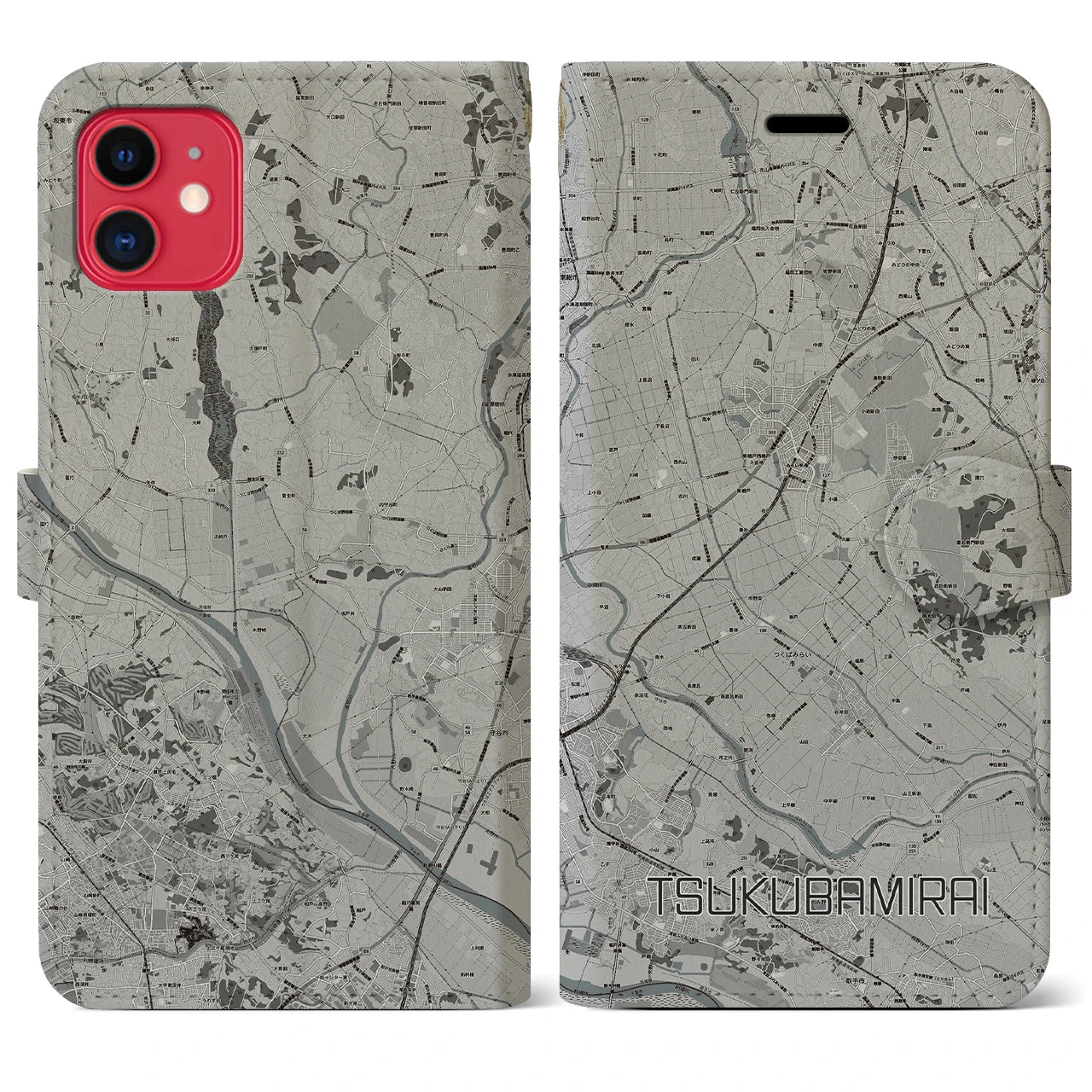 【つくばみらい(茨城県)】地図柄iPhoneケース(手帳タイプ)モノトーン・iPhone 11 用