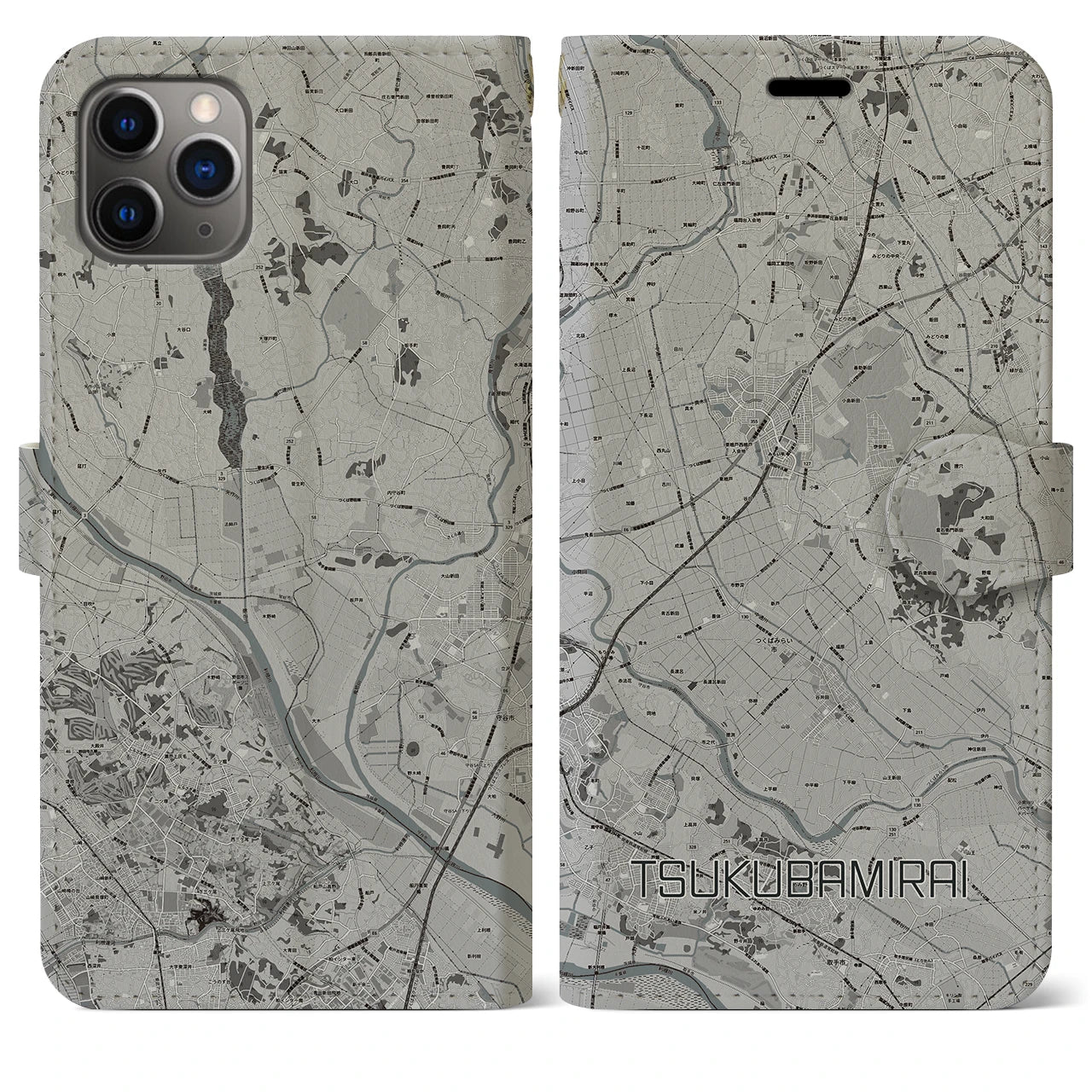 【つくばみらい(茨城県)】地図柄iPhoneケース(手帳タイプ)モノトーン・iPhone 11 Pro Max 用