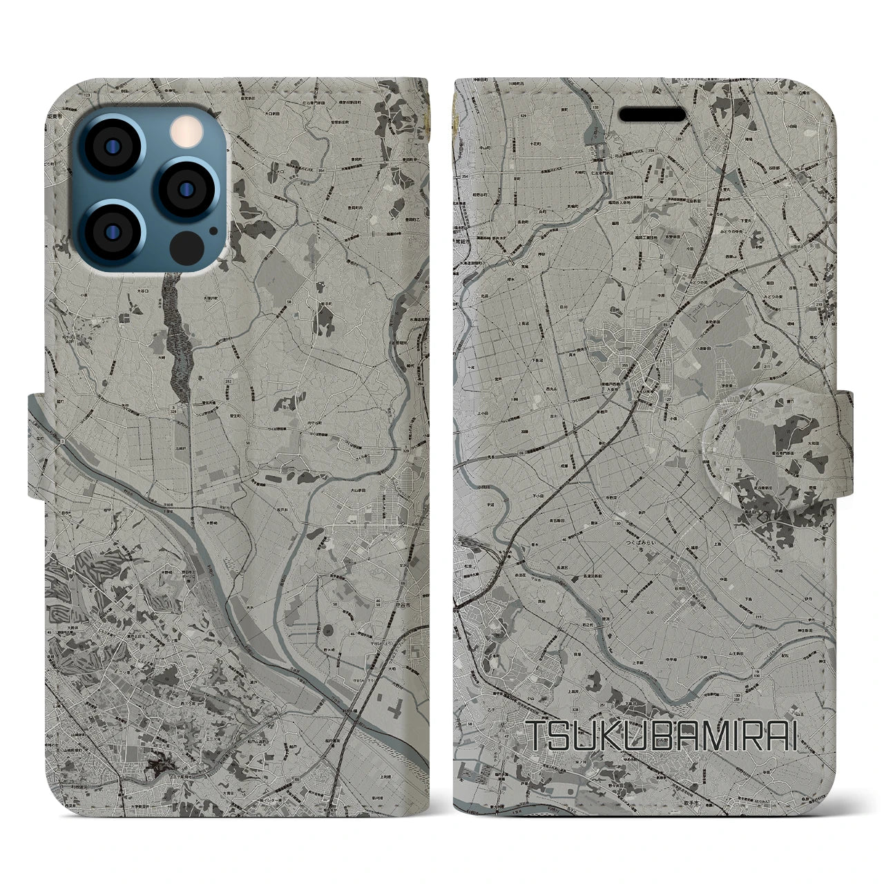 【つくばみらい(茨城県)】地図柄iPhoneケース(手帳タイプ)モノトーン・iPhone 12 / 12 Pro 用