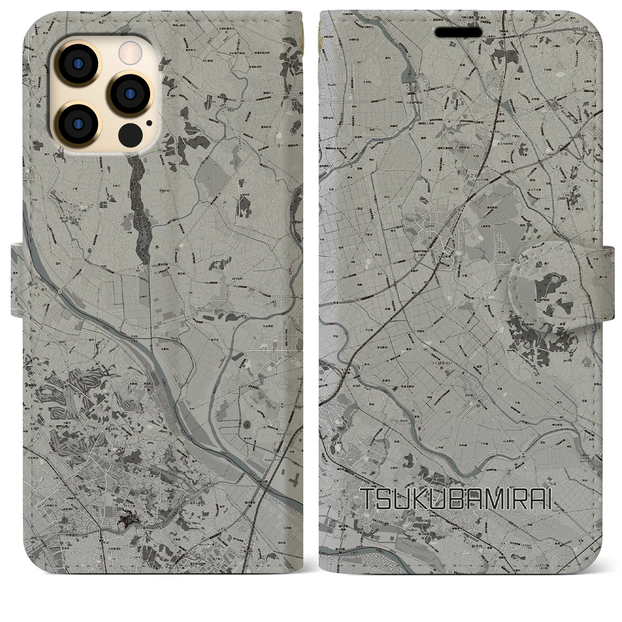 【つくばみらい(茨城県)】地図柄iPhoneケース(手帳タイプ)モノトーン・iPhone 12 Pro Max 用