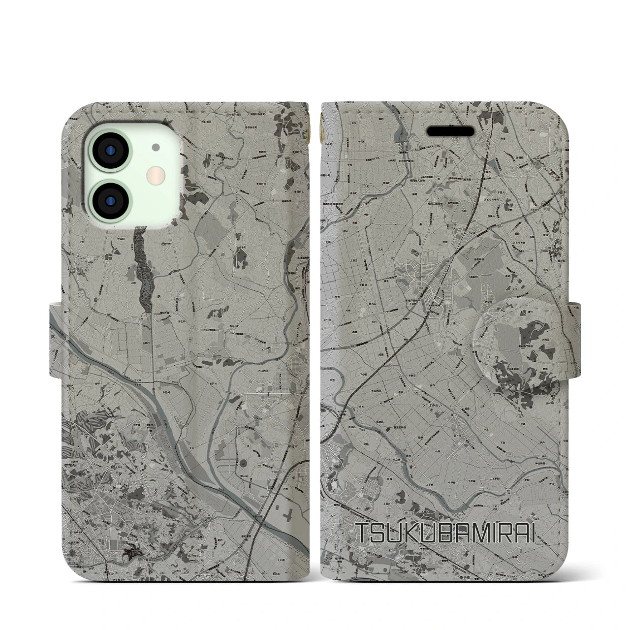 【つくばみらい(茨城県)】地図柄iPhoneケース(手帳タイプ)モノトーン・iPhone 12 mini 用