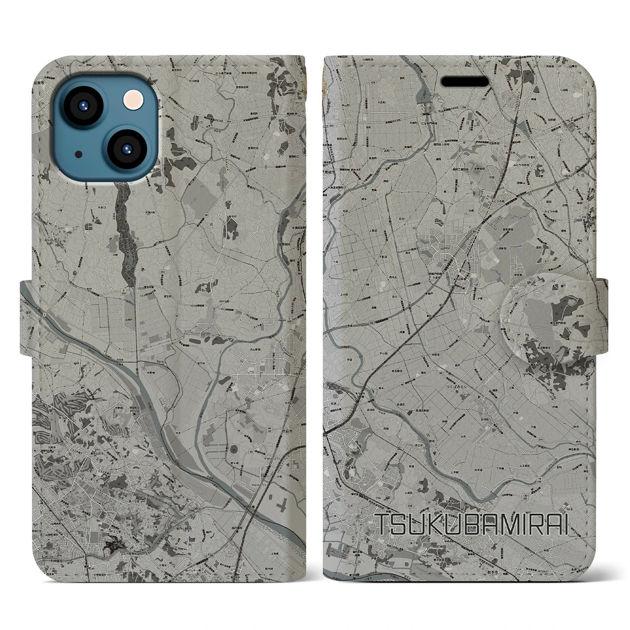 【つくばみらい(茨城県)】地図柄iPhoneケース(手帳タイプ)モノトーン・iPhone 13 用