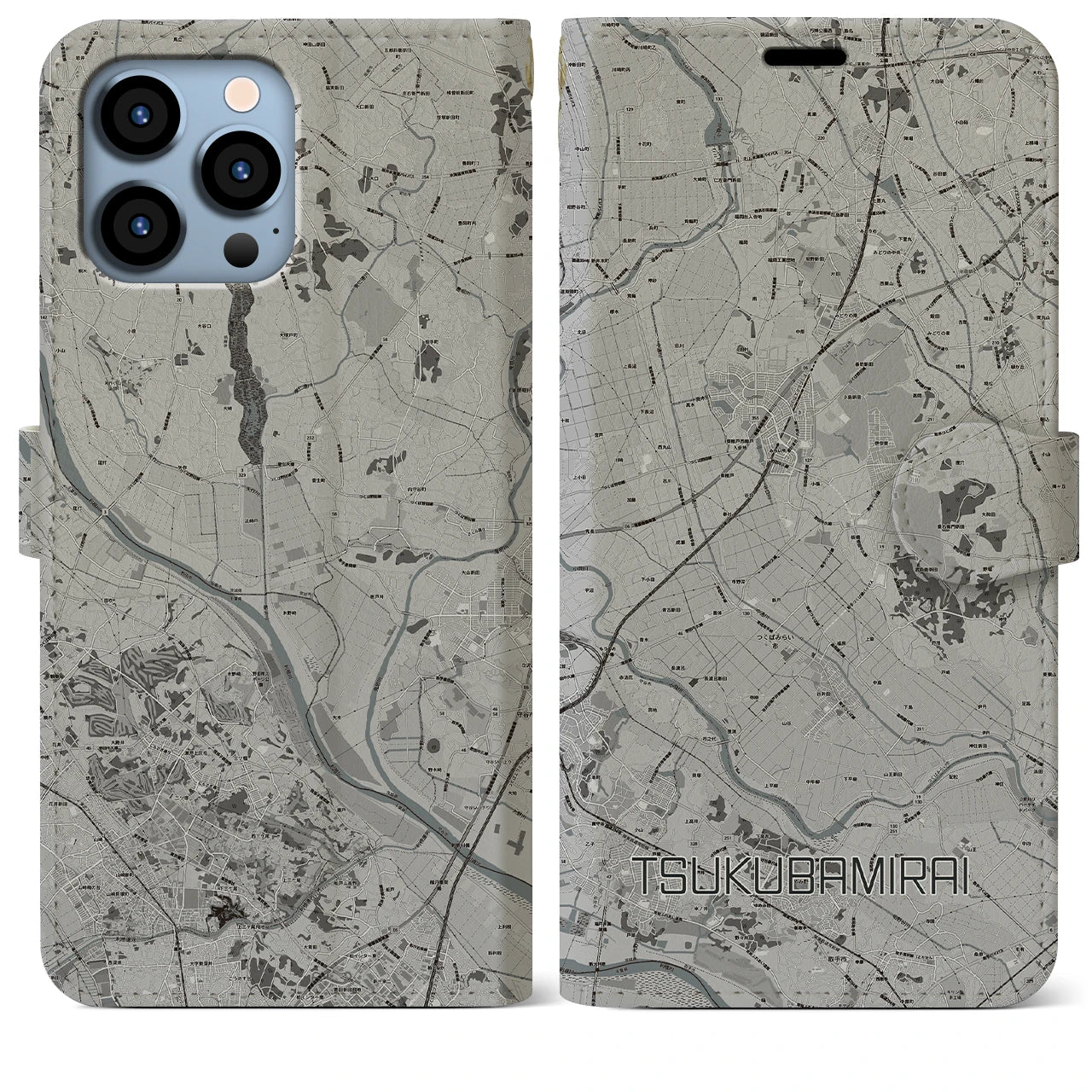 【つくばみらい(茨城県)】地図柄iPhoneケース(手帳タイプ)モノトーン・iPhone 13 Pro Max 用