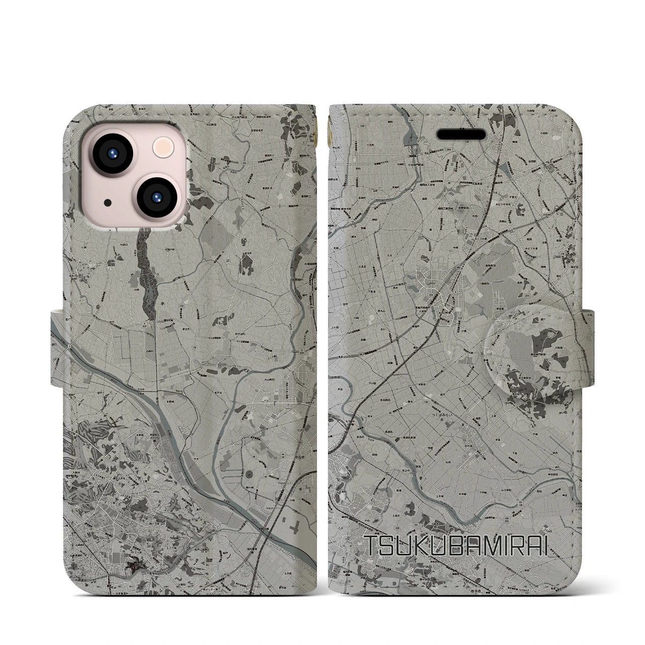 【つくばみらい(茨城県)】地図柄iPhoneケース(手帳タイプ)モノトーン・iPhone 13 mini 用