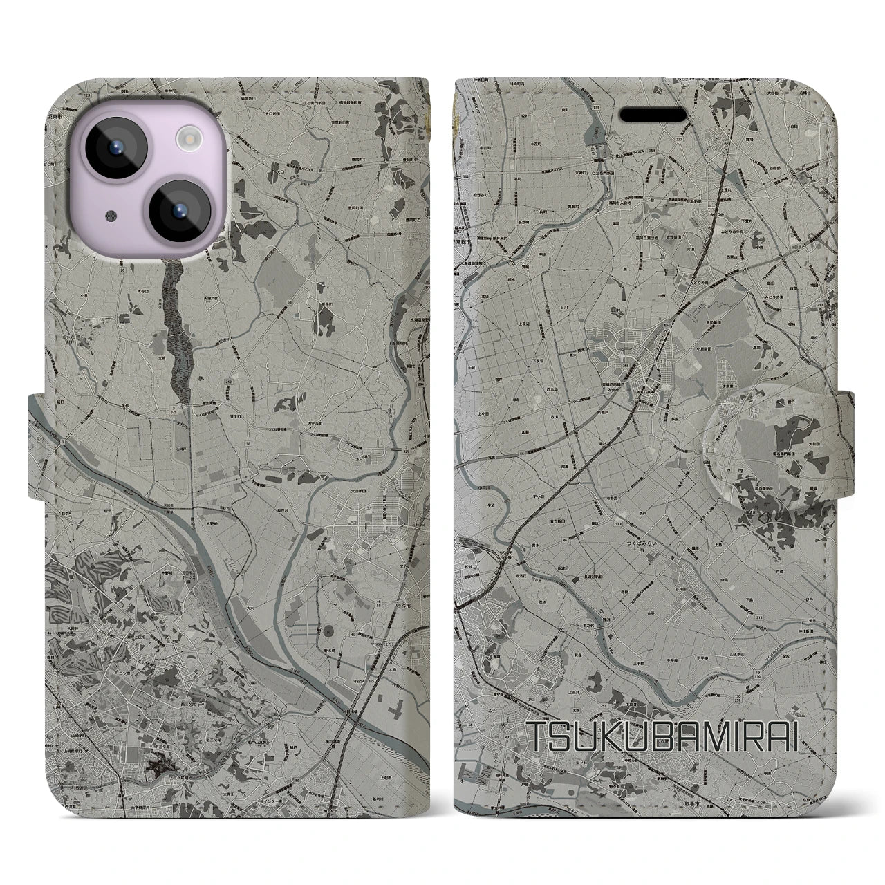 【つくばみらい(茨城県)】地図柄iPhoneケース(手帳タイプ)モノトーン・iPhone 14 用