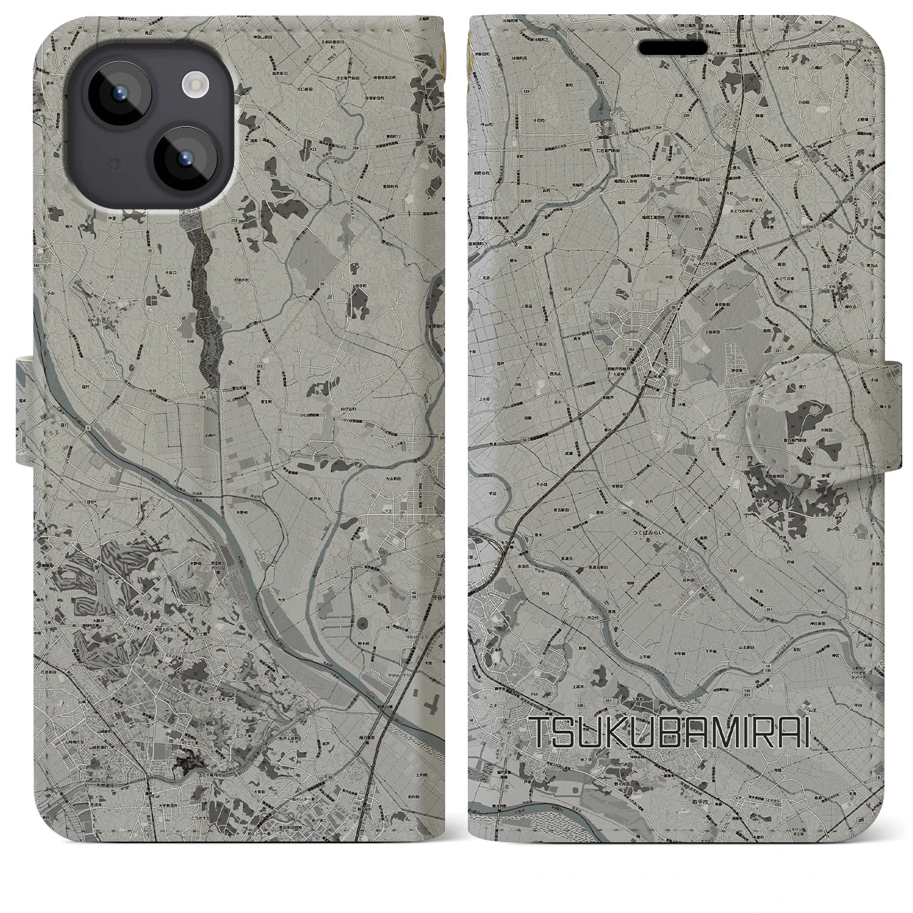 【つくばみらい(茨城県)】地図柄iPhoneケース(手帳タイプ)モノトーン・iPhone 14 Plus 用