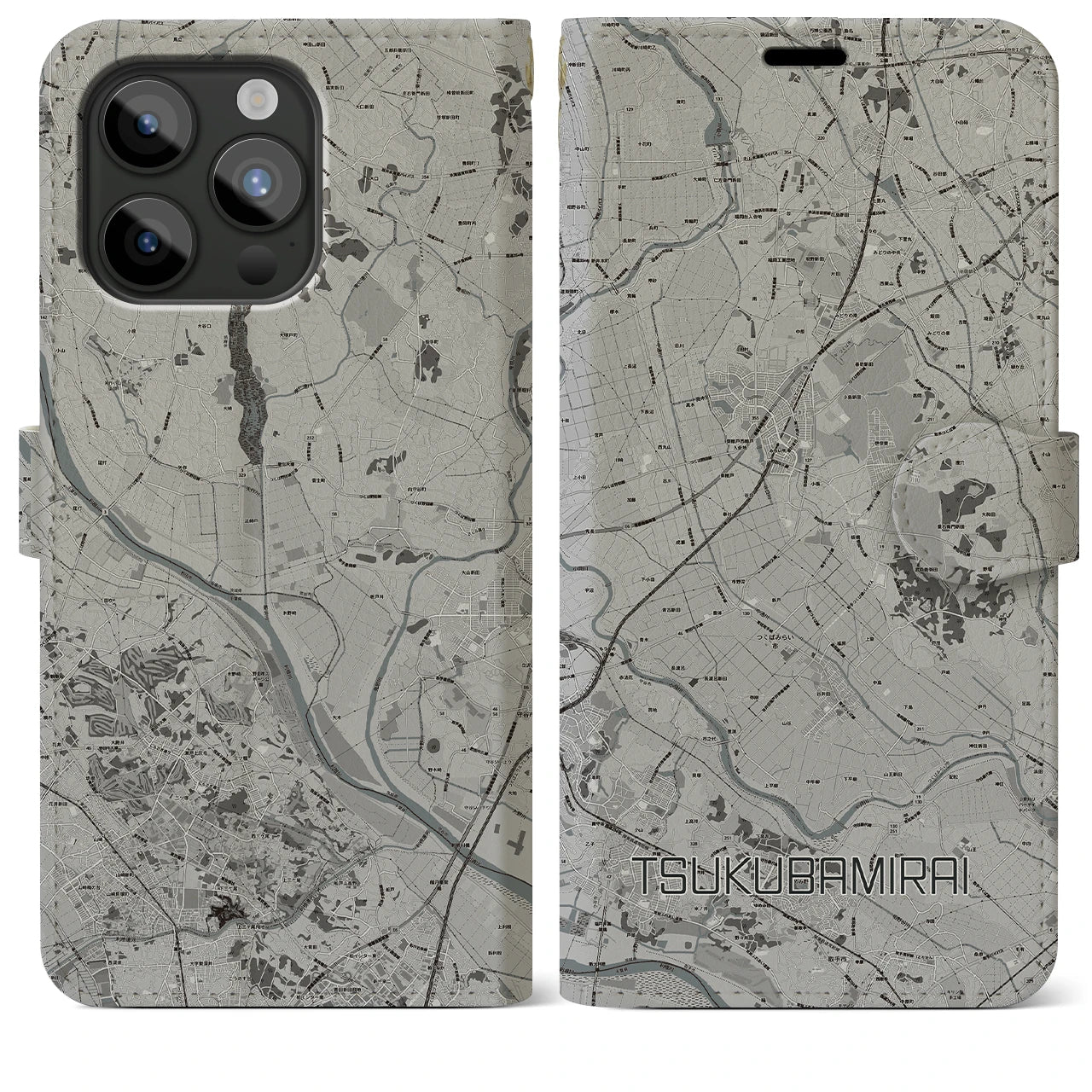 【つくばみらい(茨城県)】地図柄iPhoneケース(手帳タイプ)モノトーン・iPhone 15 Pro Max 用