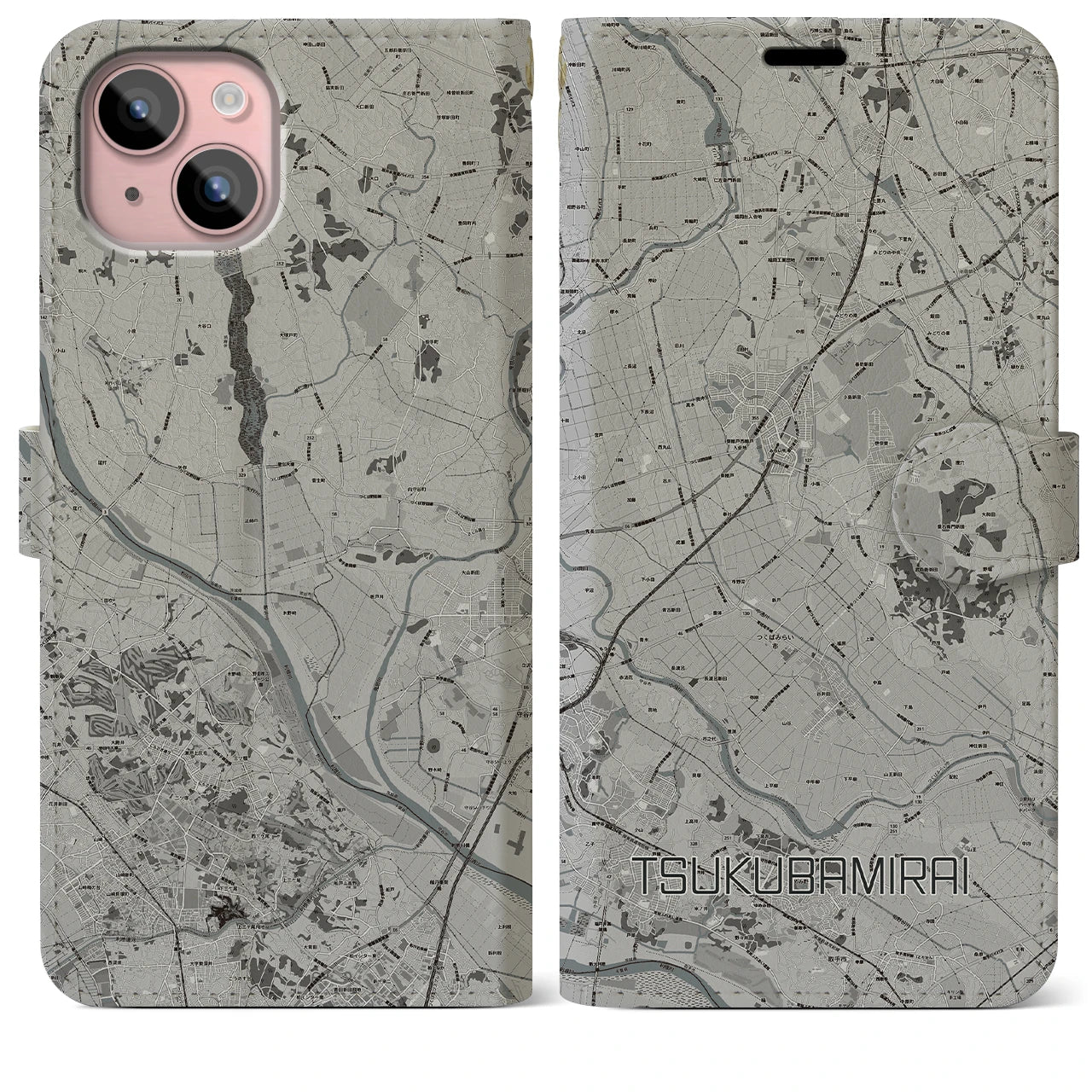 【つくばみらい(茨城県)】地図柄iPhoneケース(手帳タイプ)モノトーン・iPhone 15 Plus 用
