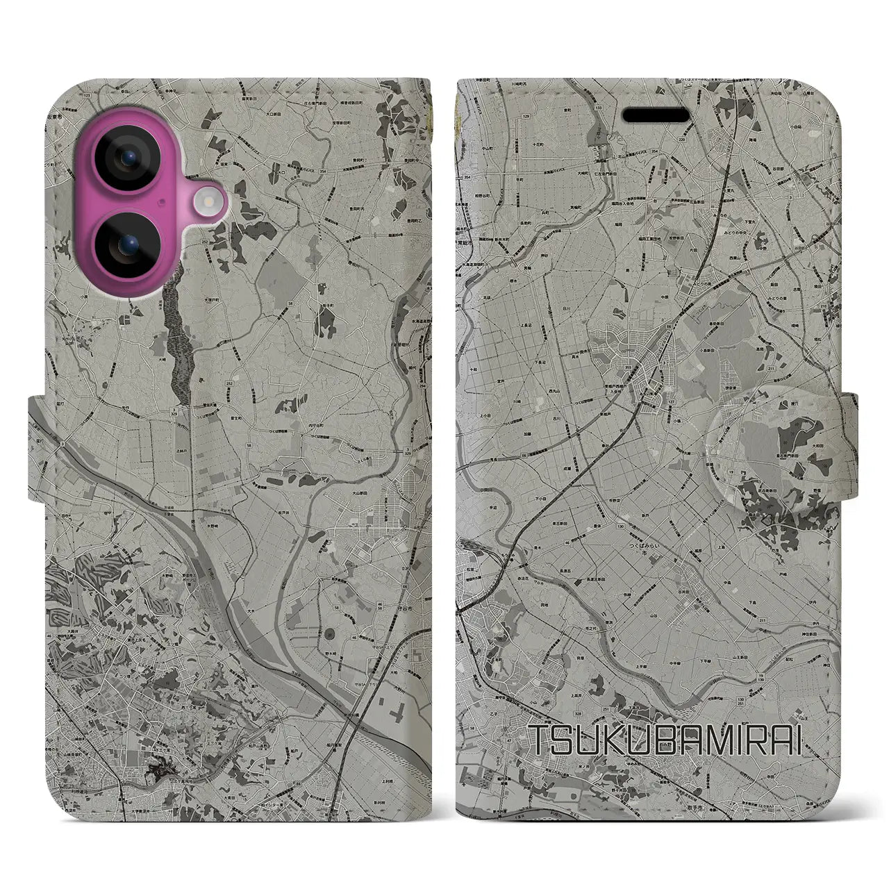 【つくばみらい(茨城県)】地図柄iPhoneケース(手帳タイプ)モノトーン・iPhone 16 Pro 用