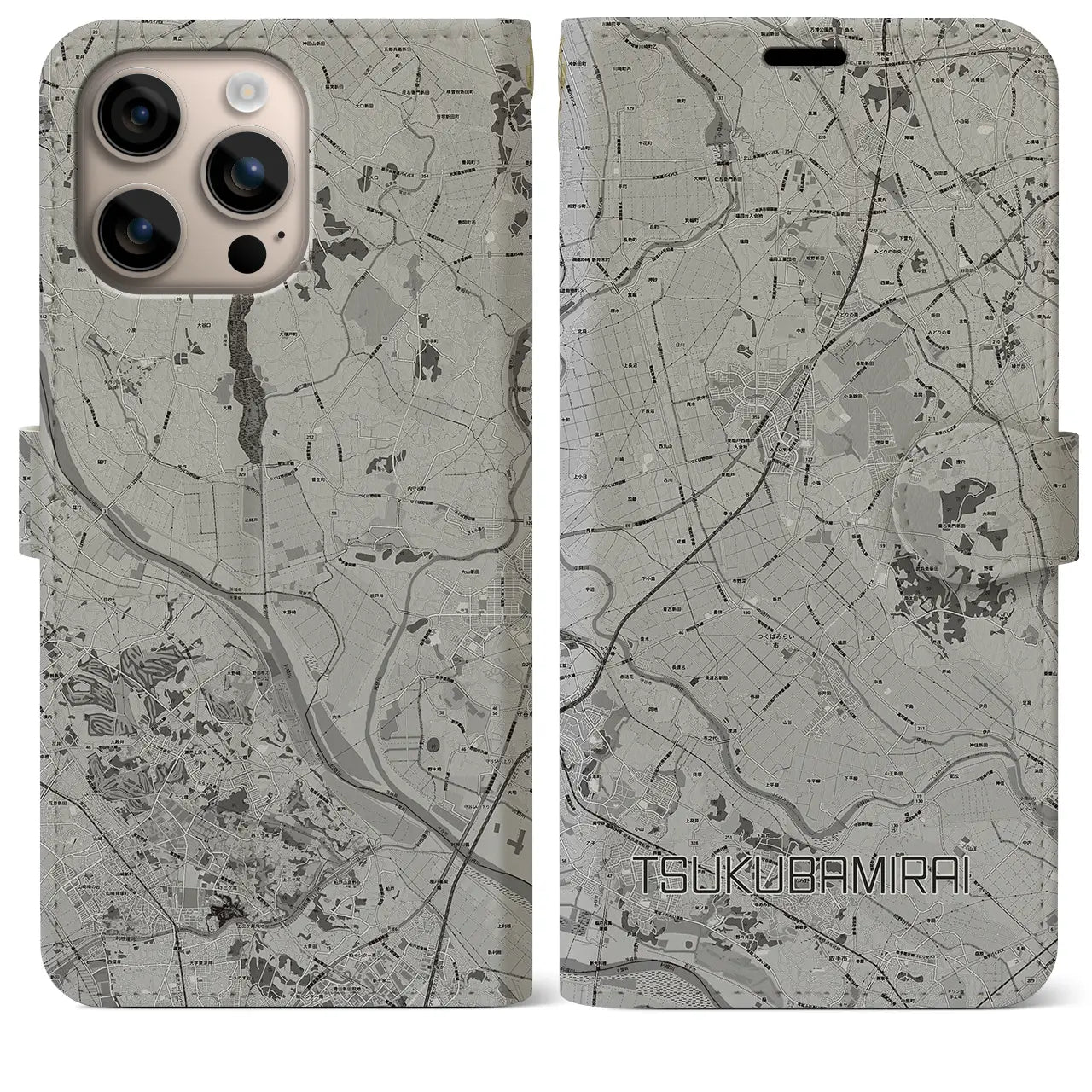 【つくばみらい(茨城県)】地図柄iPhoneケース(手帳タイプ)モノトーン・iPhone 16 Plus 用