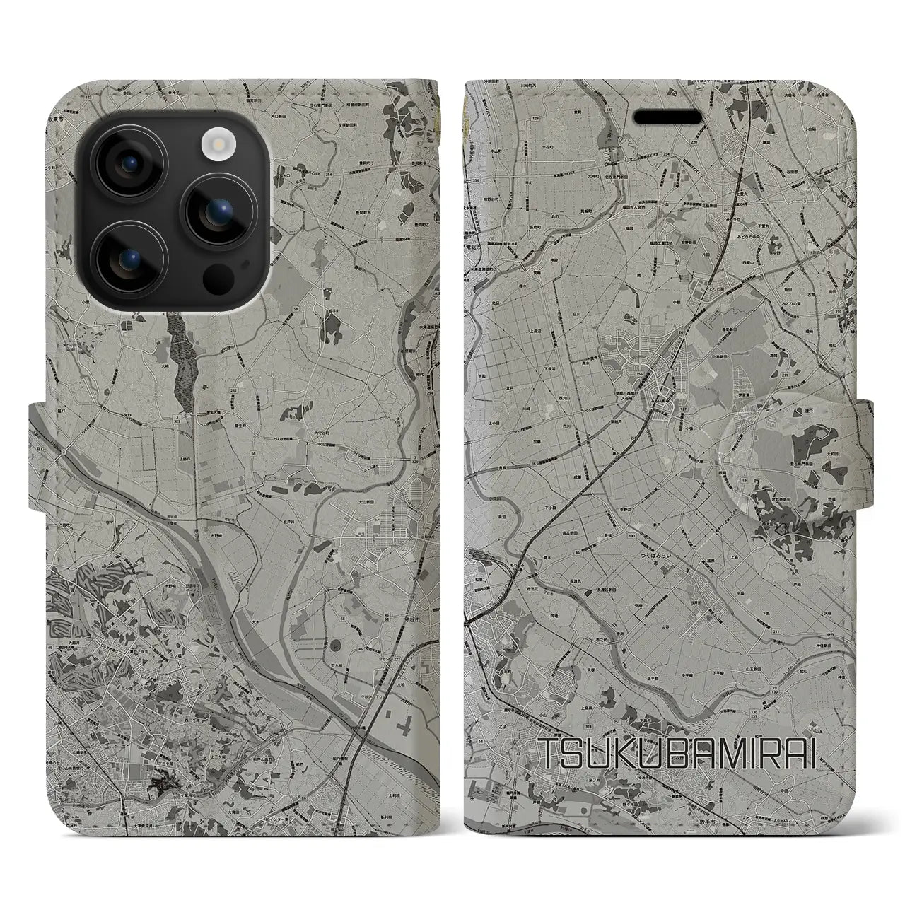 【つくばみらい(茨城県)】地図柄iPhoneケース(手帳タイプ)モノトーン・iPhone 16 用