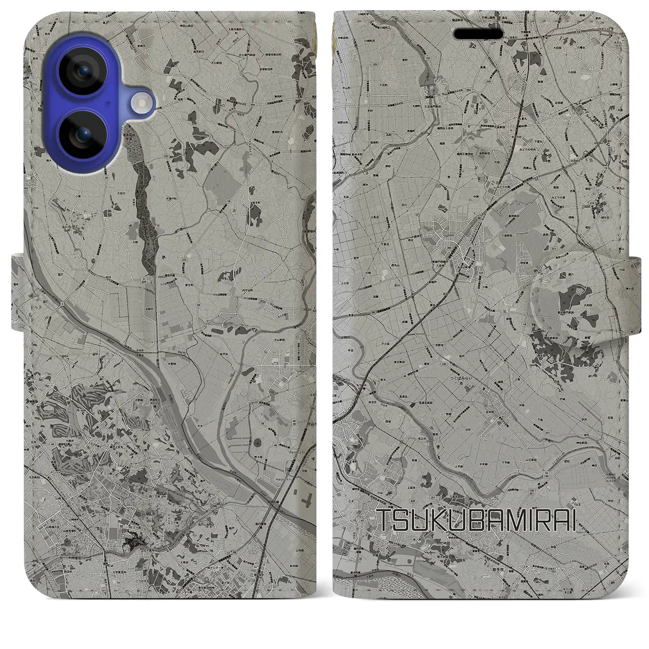 【つくばみらい(茨城県)】地図柄iPhoneケース(手帳タイプ)モノトーン・iPhone 16 Pro Max 用