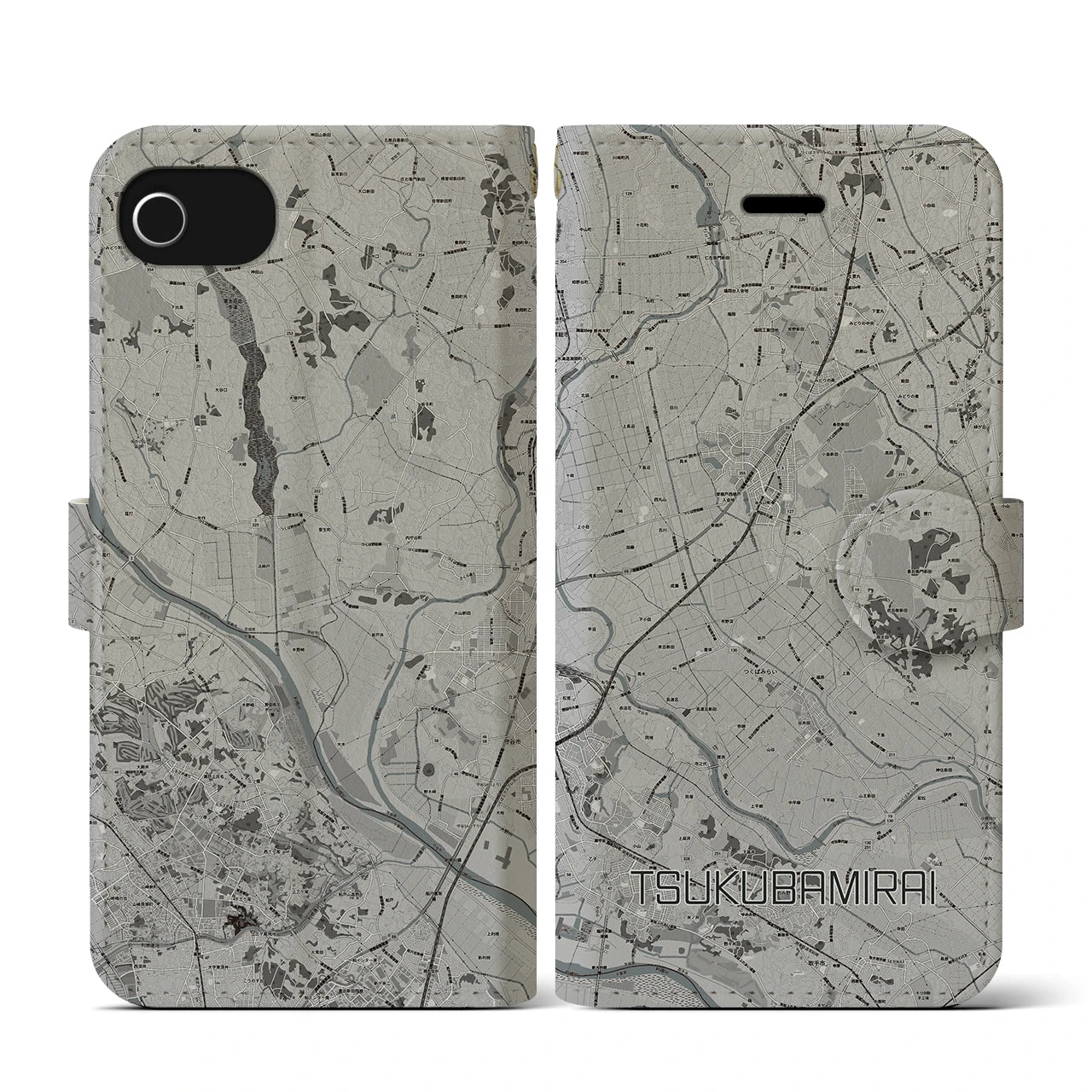 【つくばみらい(茨城県)】地図柄iPhoneケース(手帳タイプ)モノトーン・iPhone SE(第3 / 第2世代) / 8 / 7 / 6s / 6 用
