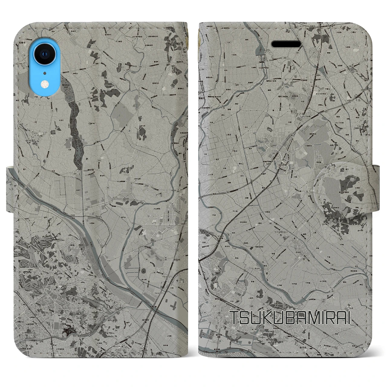 【つくばみらい(茨城県)】地図柄iPhoneケース(手帳タイプ)モノトーン・iPhone XR 用
