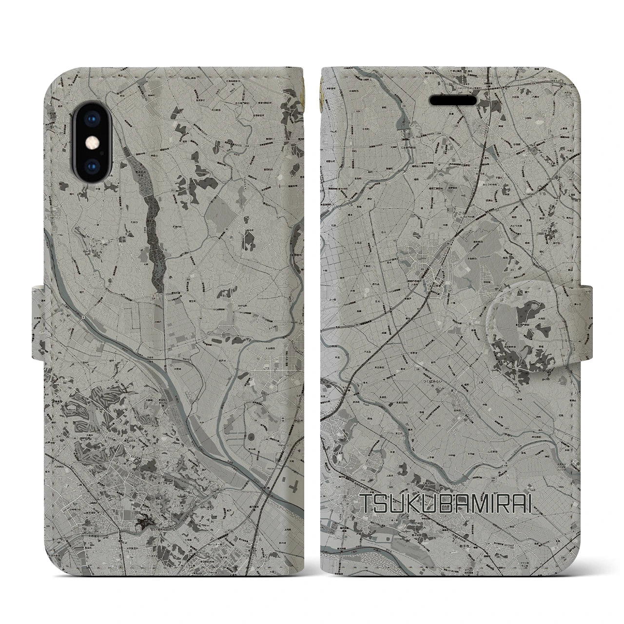 【つくばみらい(茨城県)】地図柄iPhoneケース(手帳タイプ)モノトーン・iPhone XS / X 用