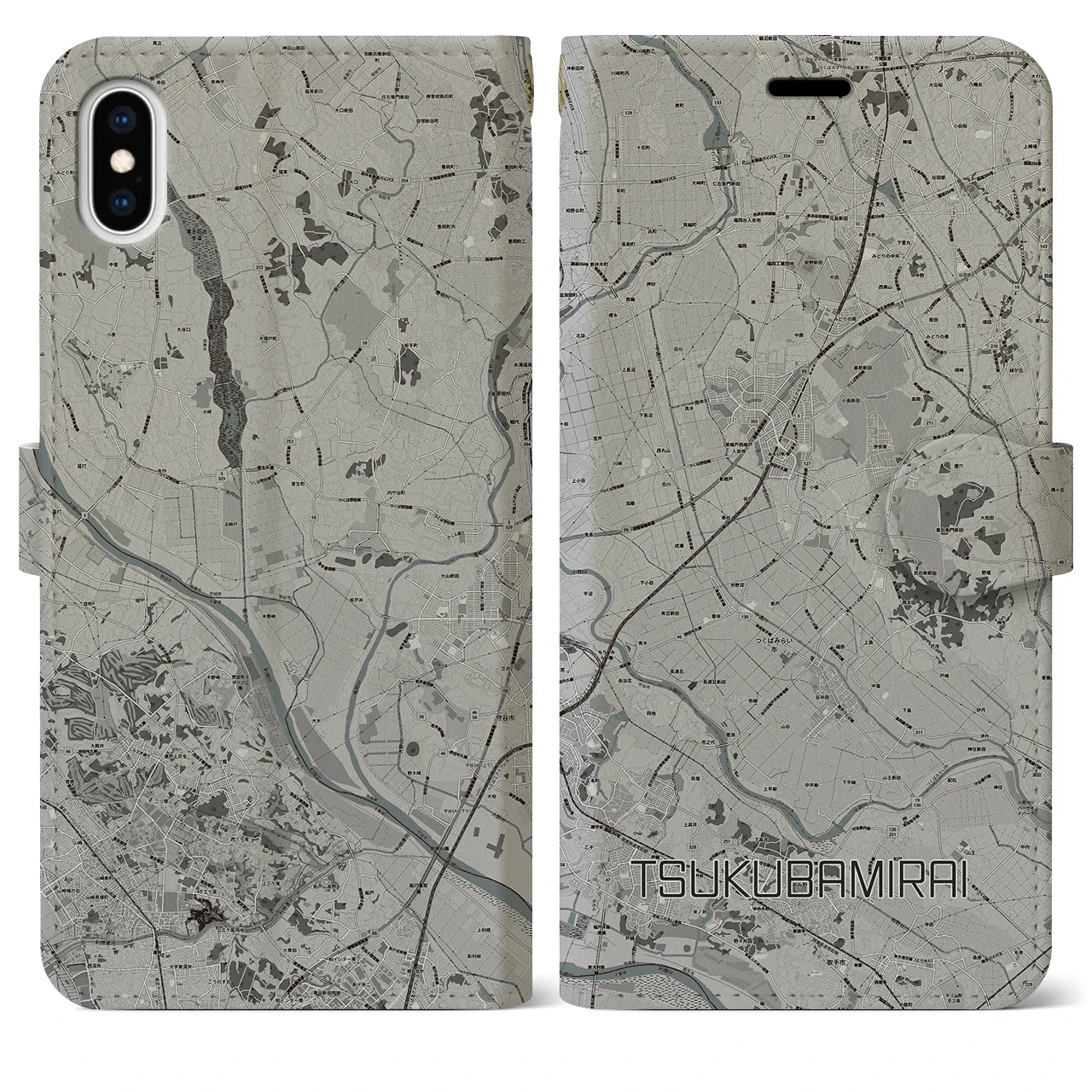 【つくばみらい(茨城県)】地図柄iPhoneケース(手帳タイプ)モノトーン・iPhone XS Max 用