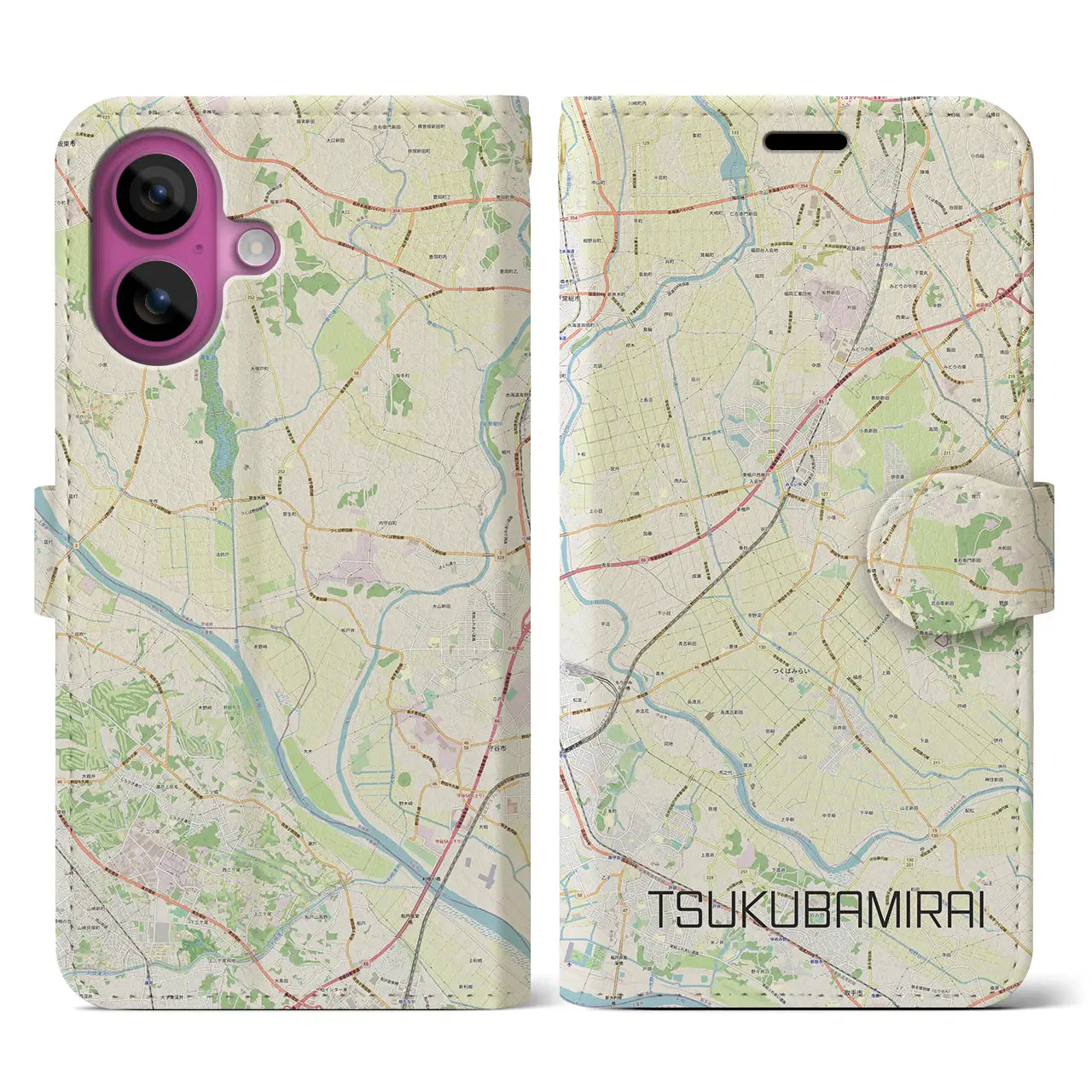 【つくばみらい(茨城県)】地図柄iPhoneケース(手帳タイプ)ナチュラル・iPhone 16 Pro 用